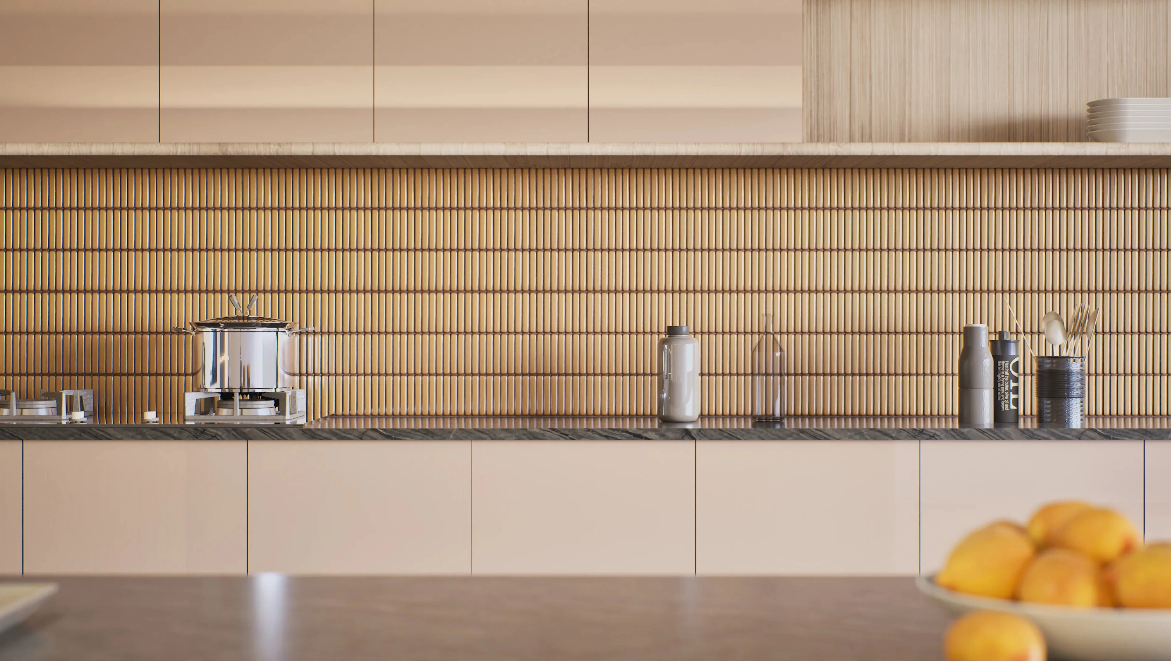 Modern Kitchen with Yellow Textured Tile Backsplash | Material Depot