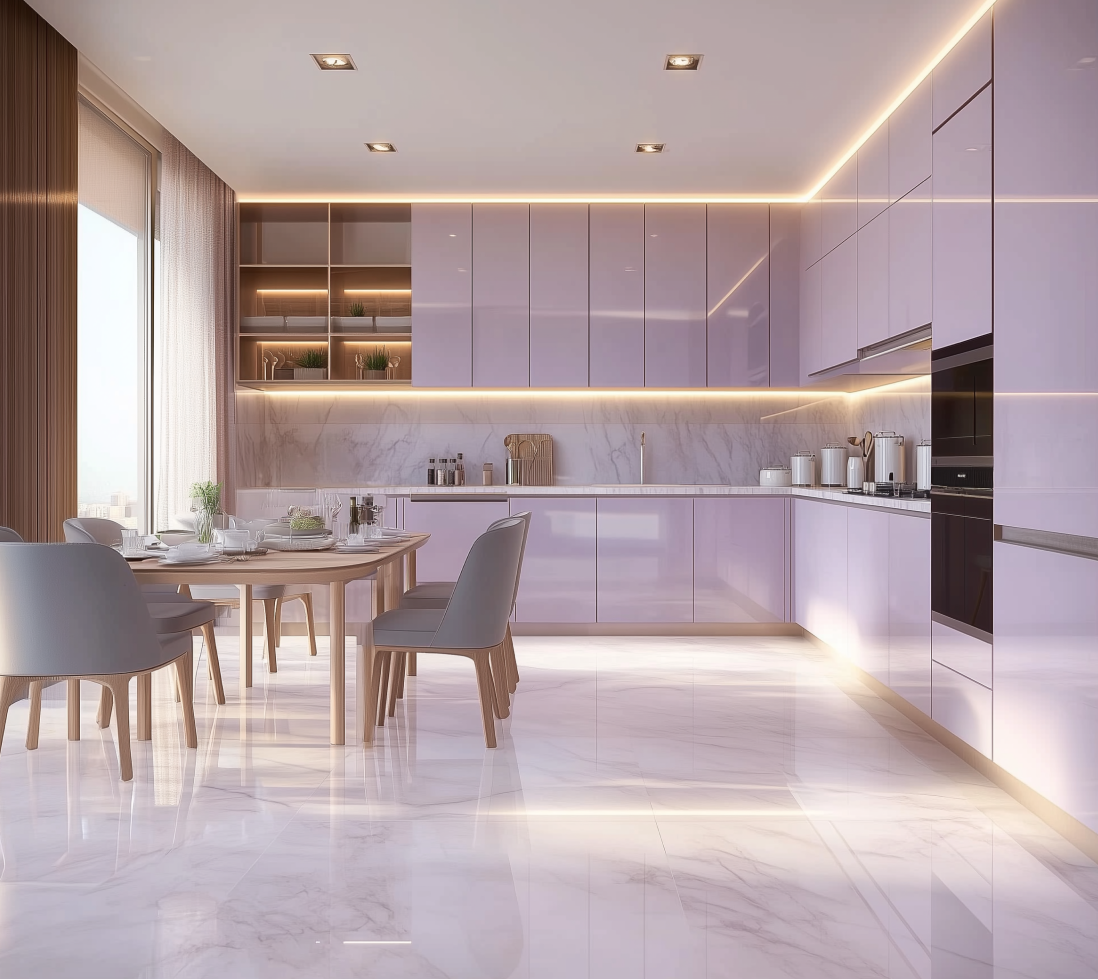 Modern Lilac Kitchen with Glossy Finish and Marble Accents | Material Depot