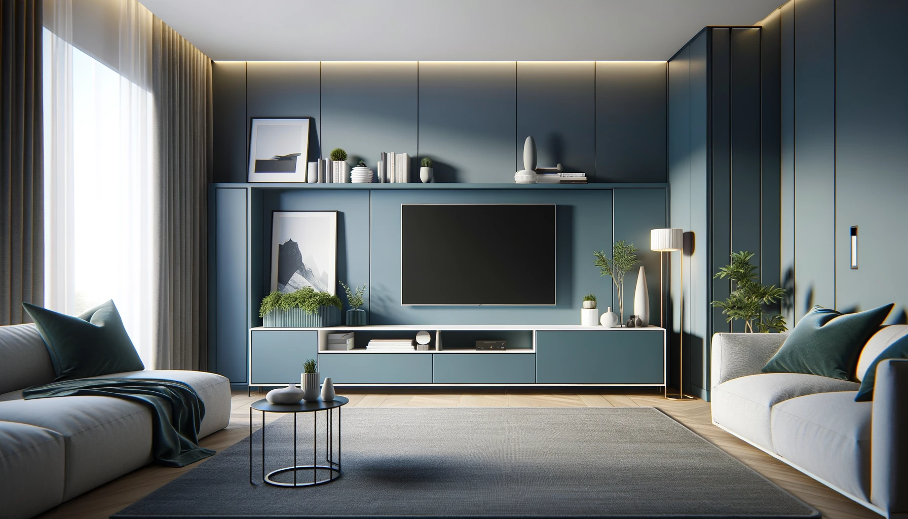 Modern Living Room Design with Sleek Blue and Grey Tones | Material Depot