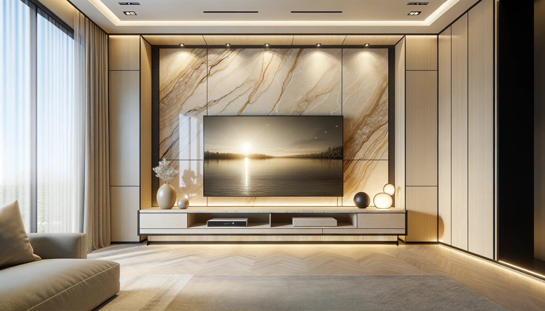 Modern Living Room Infused with Warm Marble and Recessed Lighting | Material Depot