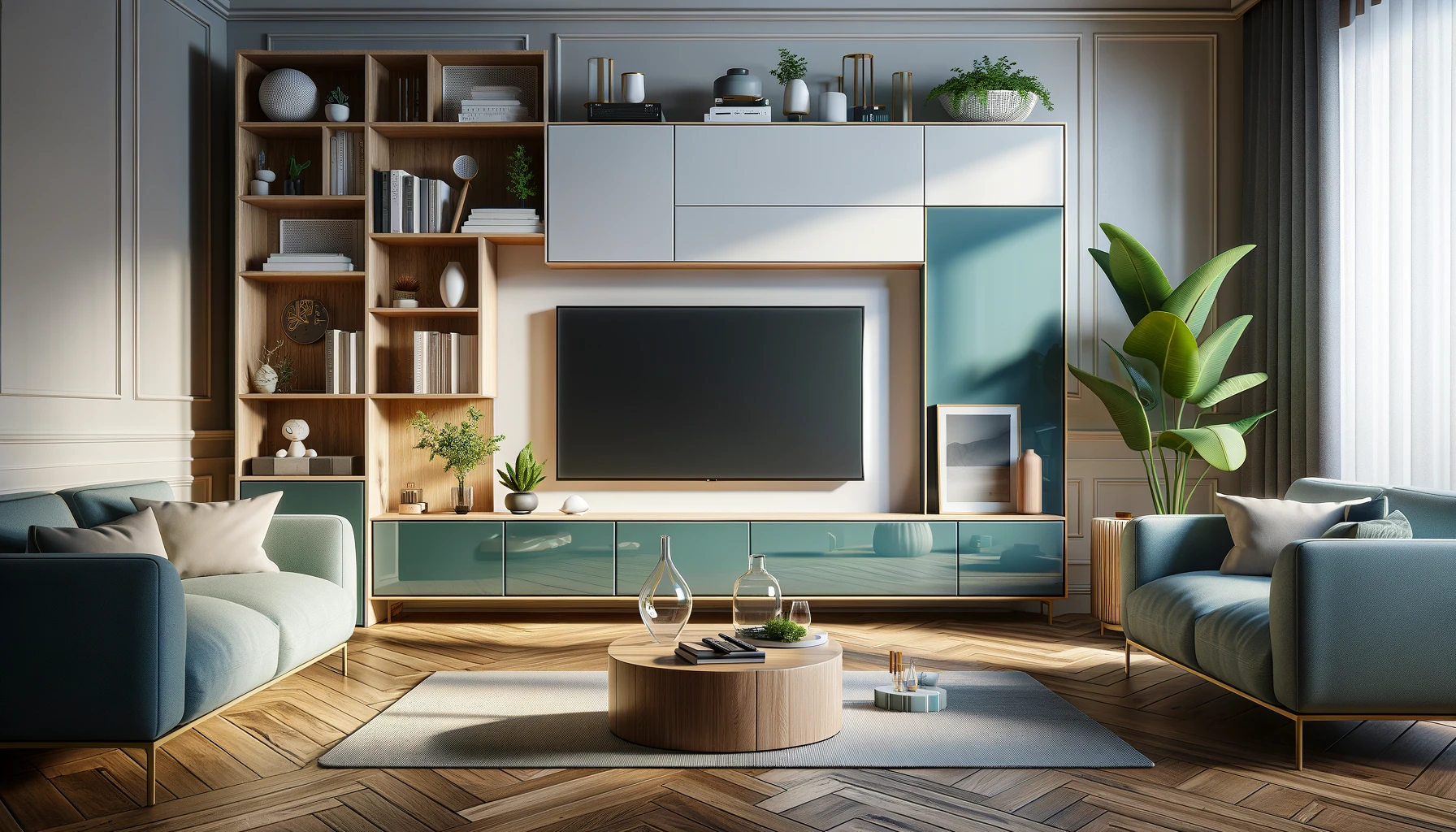 Modern Living Room Infusion with Teal Accents and Wooden Warmth | Material Depot