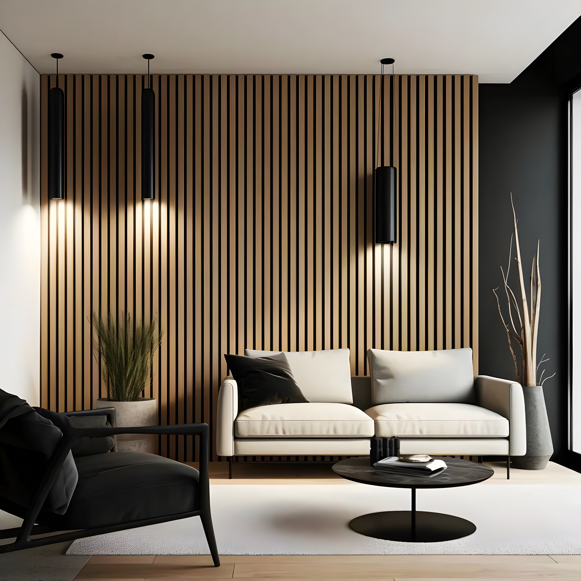 Modern Living Room with Acoustic Wood Wall Panels | Material Depot