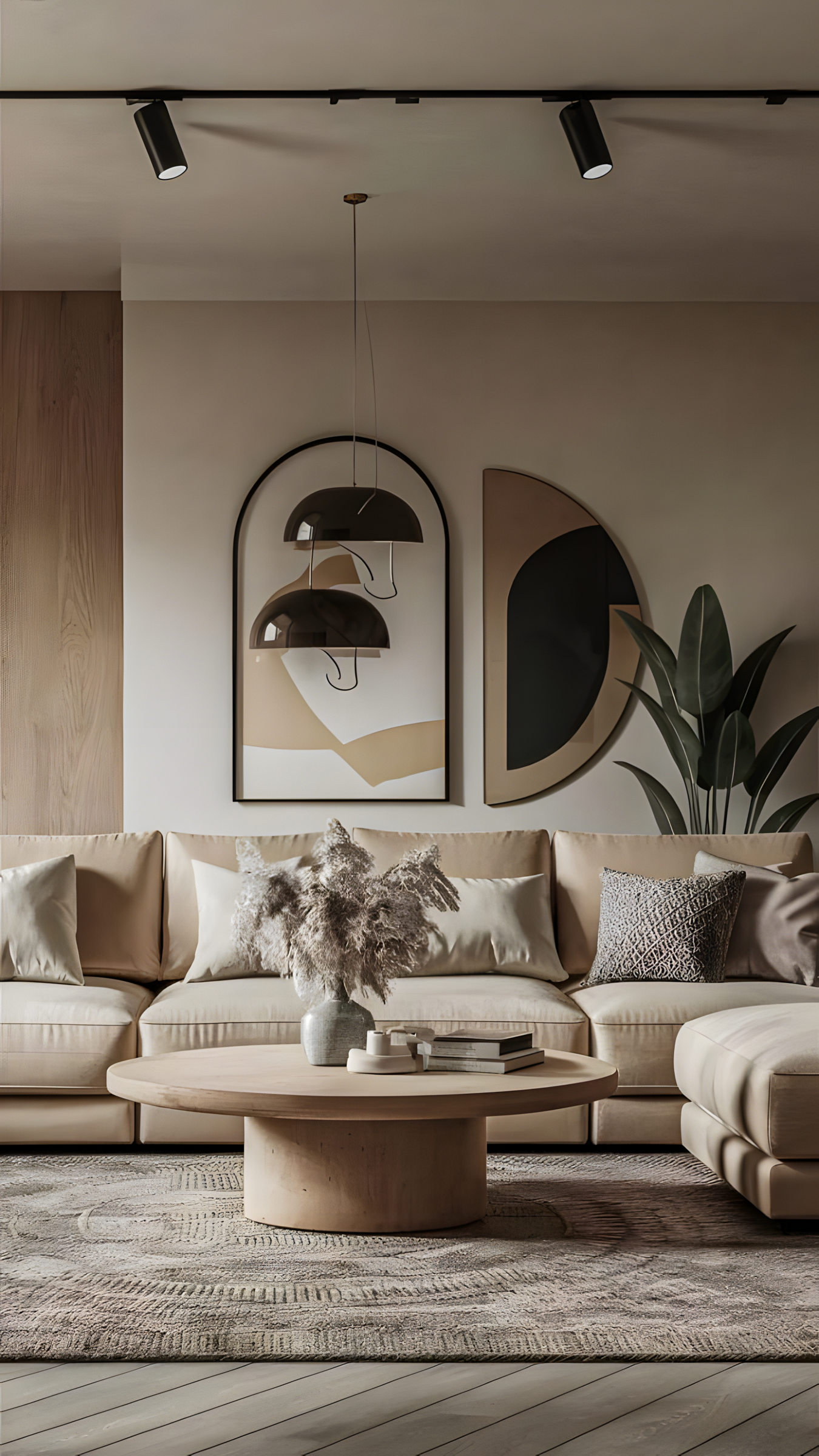 Modern Living Room with Arched Wall Decor and Natural Elements | Material Depot