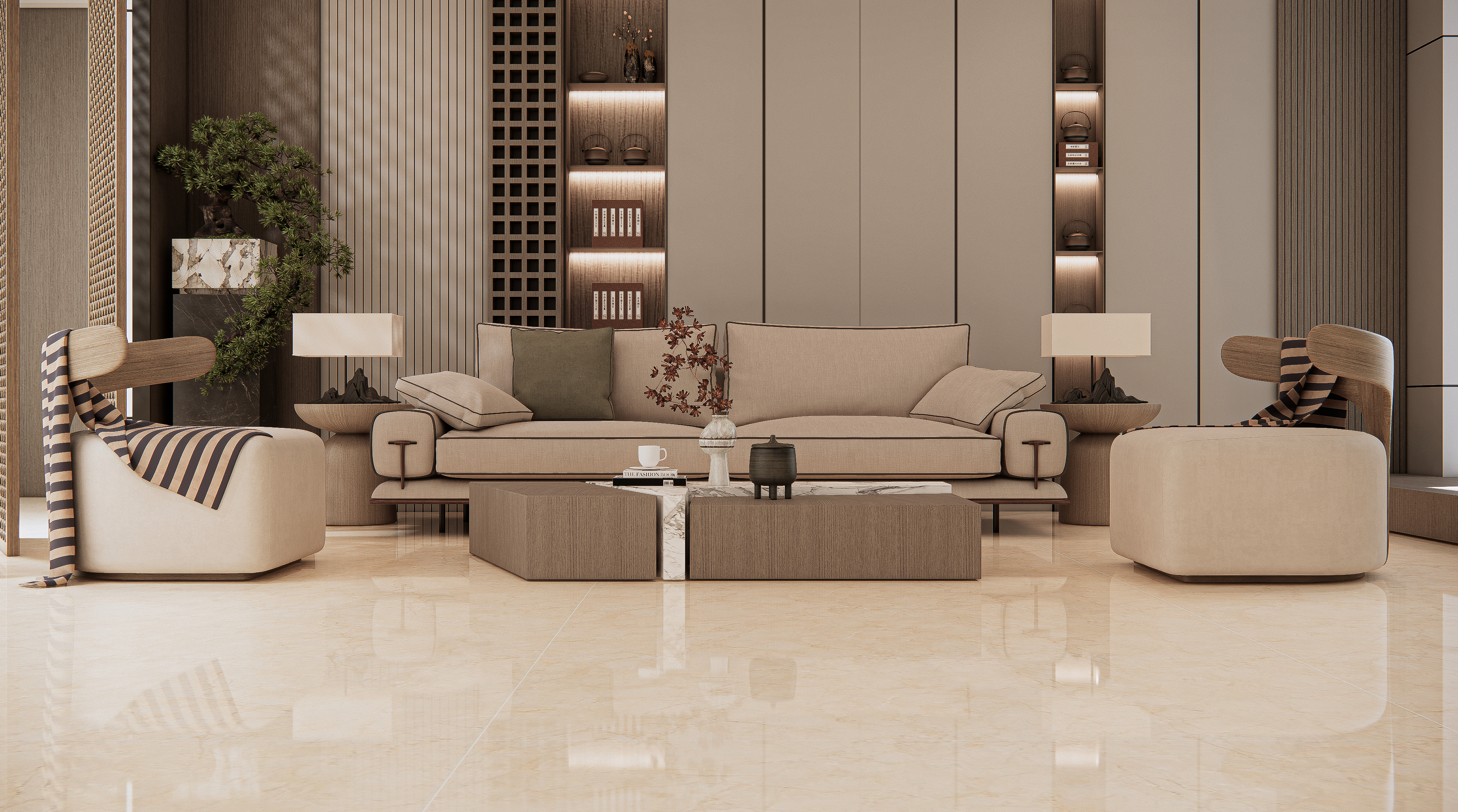 Modern Living Room with Beige Marble Flooring and Minimalist Decor | Material Depot