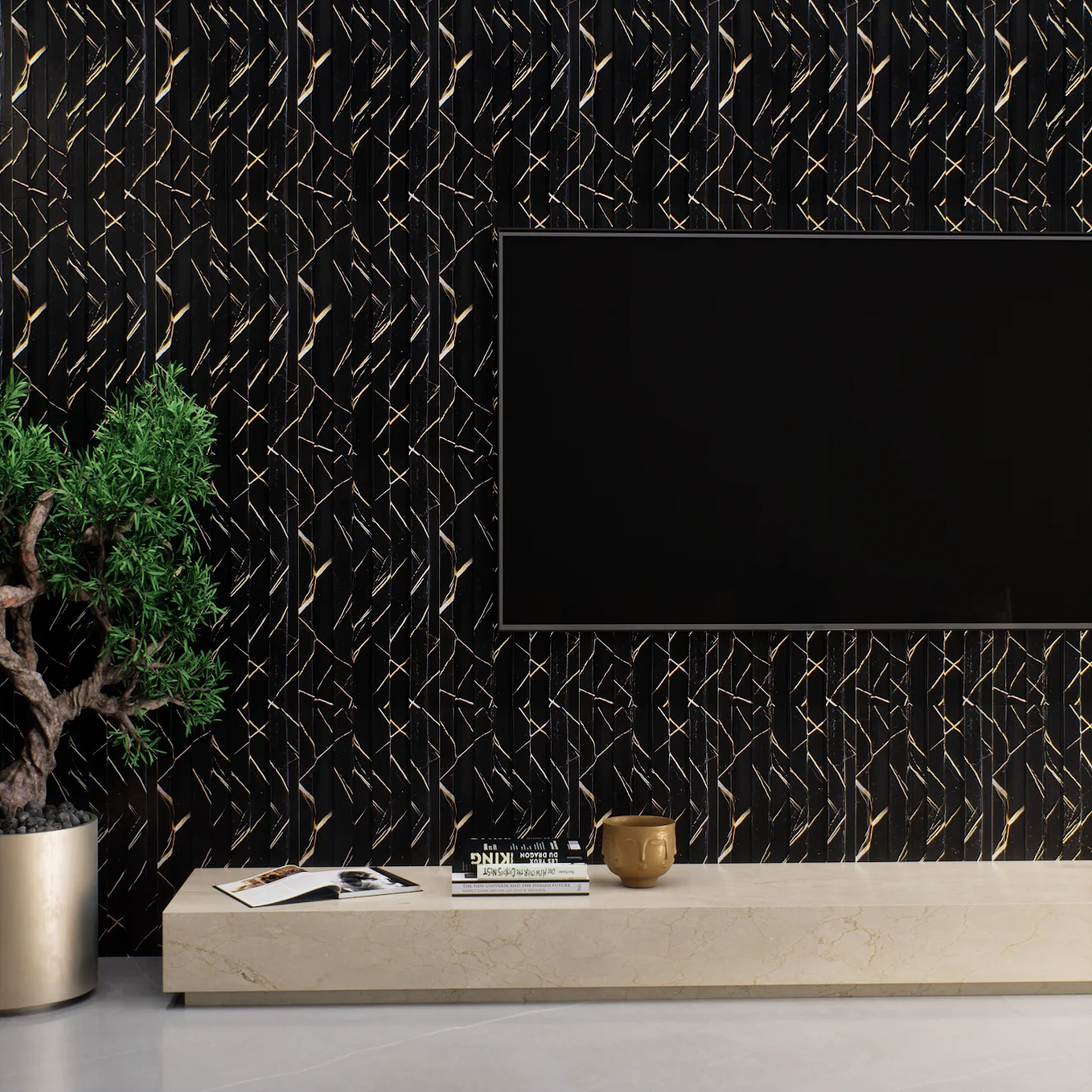 Modern Living Room with Black and Gold Metallic Wall Paneling | Material Depot