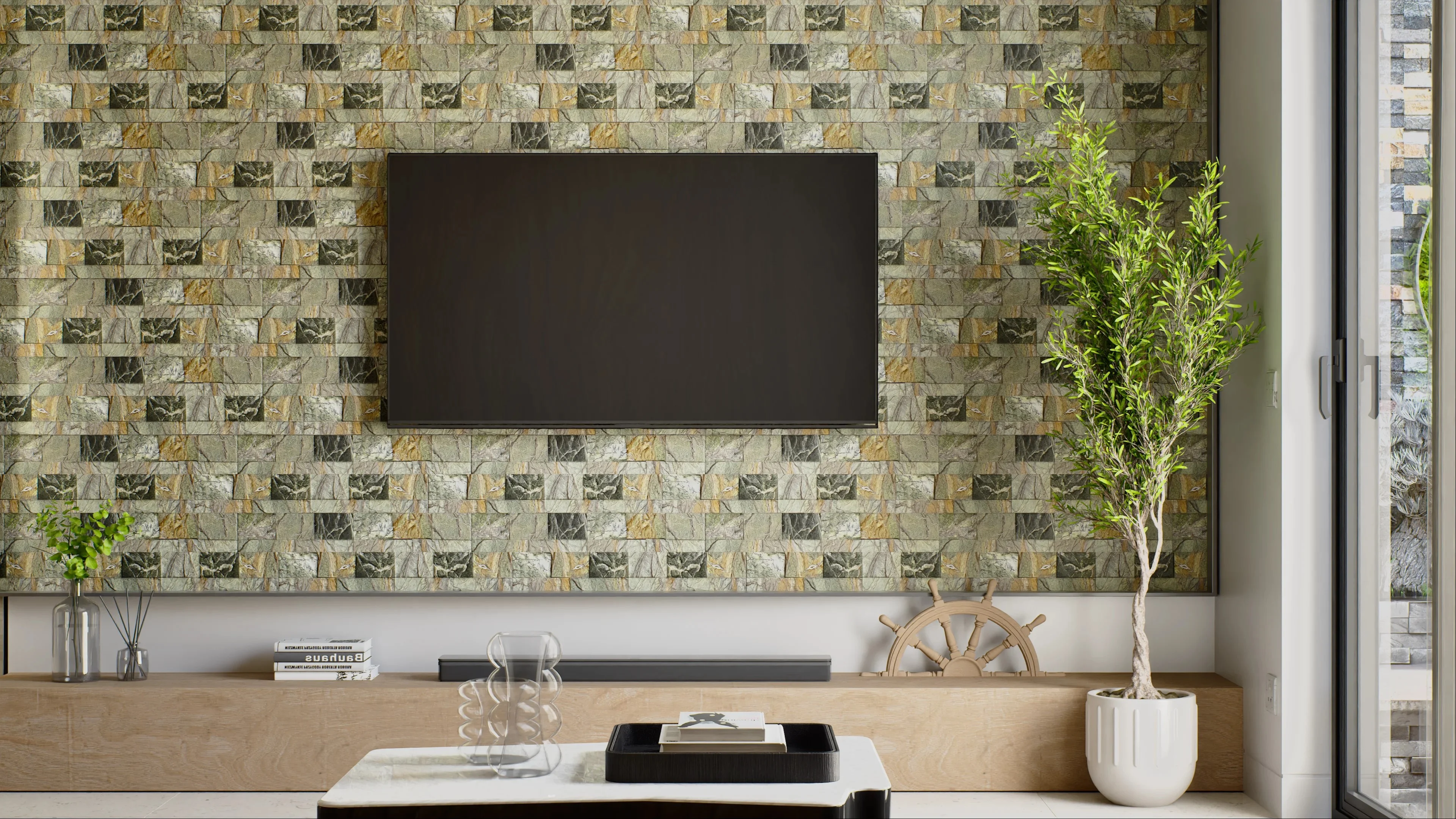 Modern Living Room with Green and Yellow Textured Accent Stone Wall Cladding | Material Depot