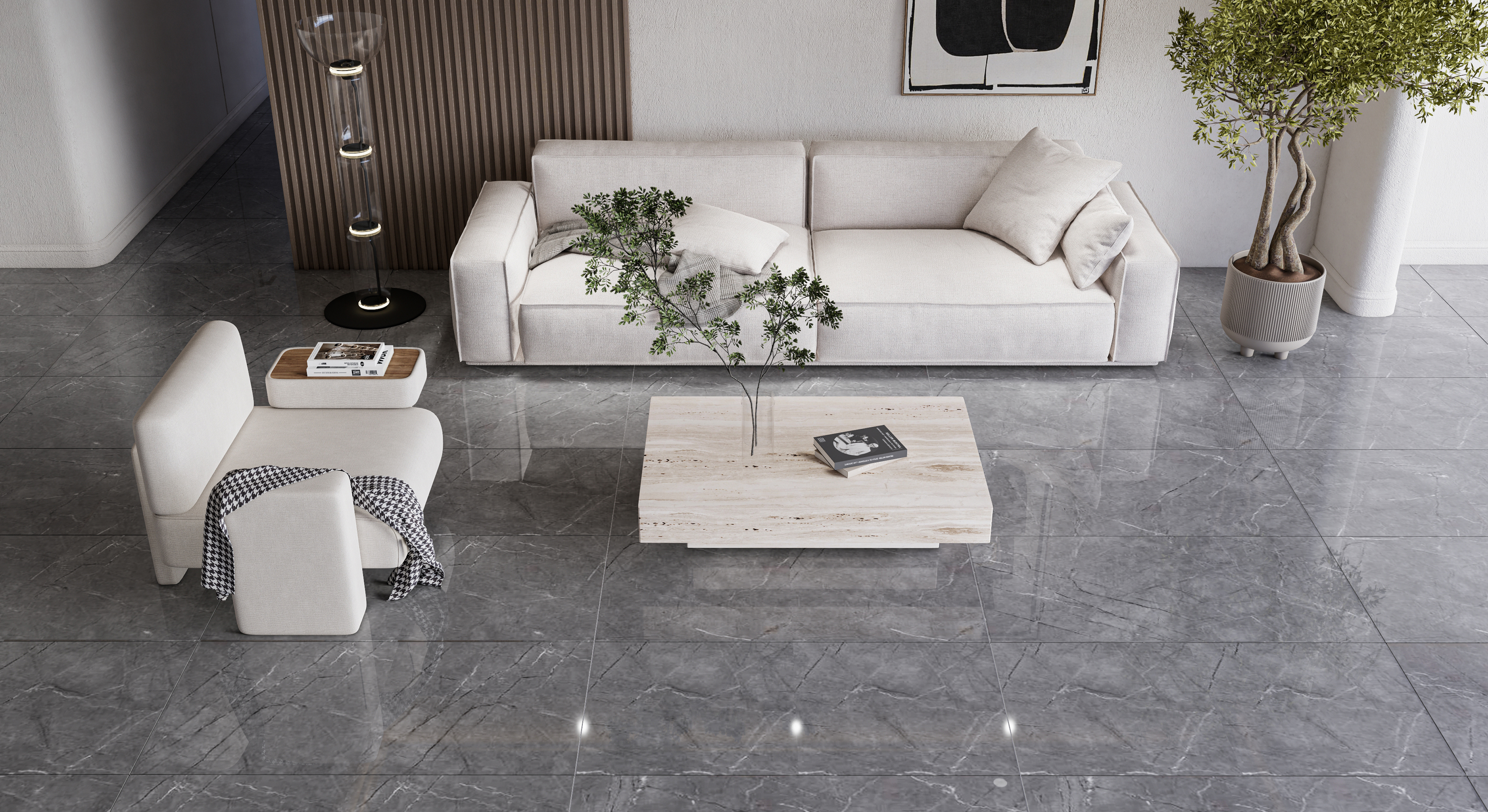 Modern Living Room with Grey Marble Look Flooring | Material Depot