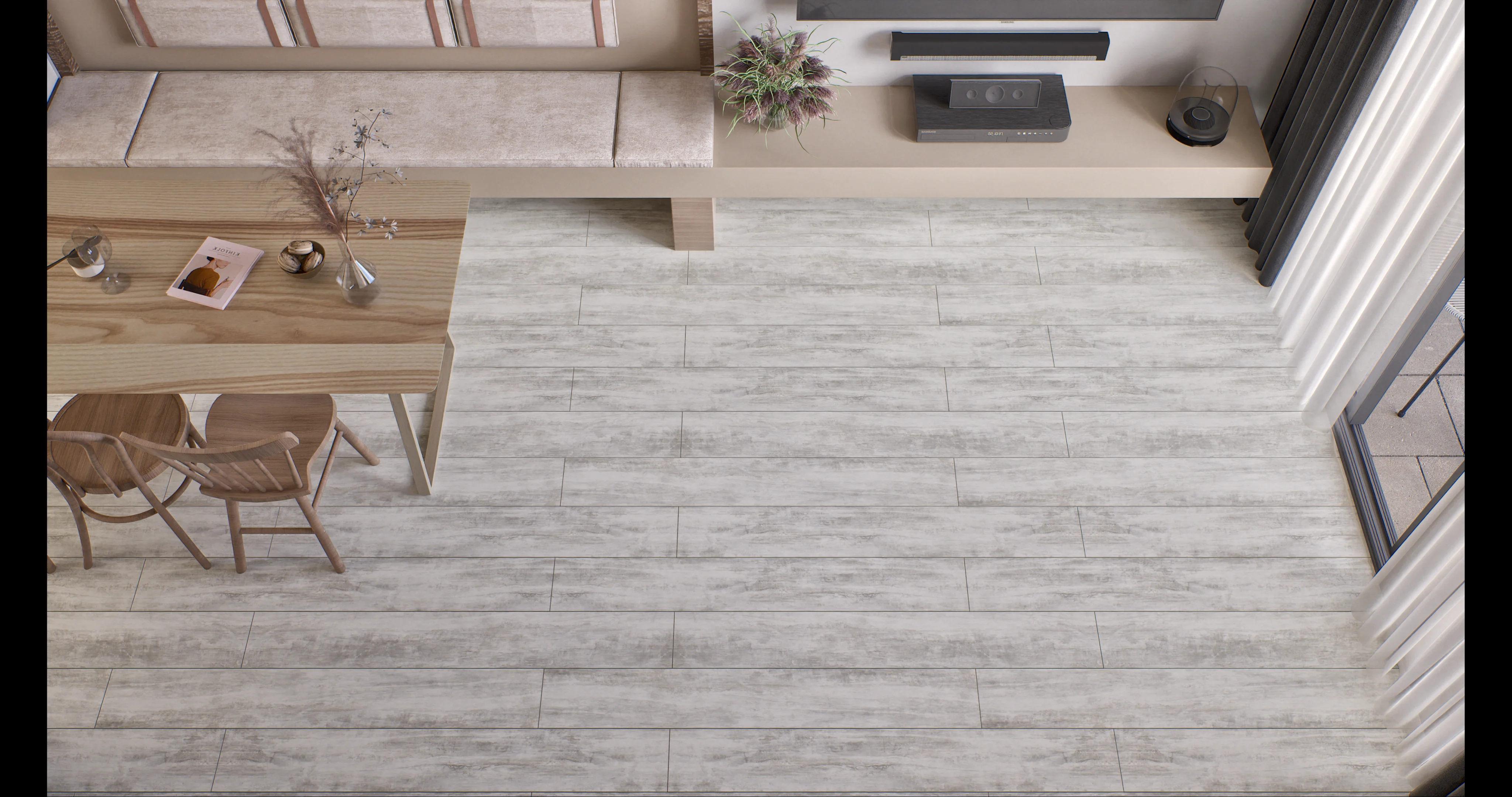 Modern Living Room with Light Gray Wood-Look Flooring | Material Depot