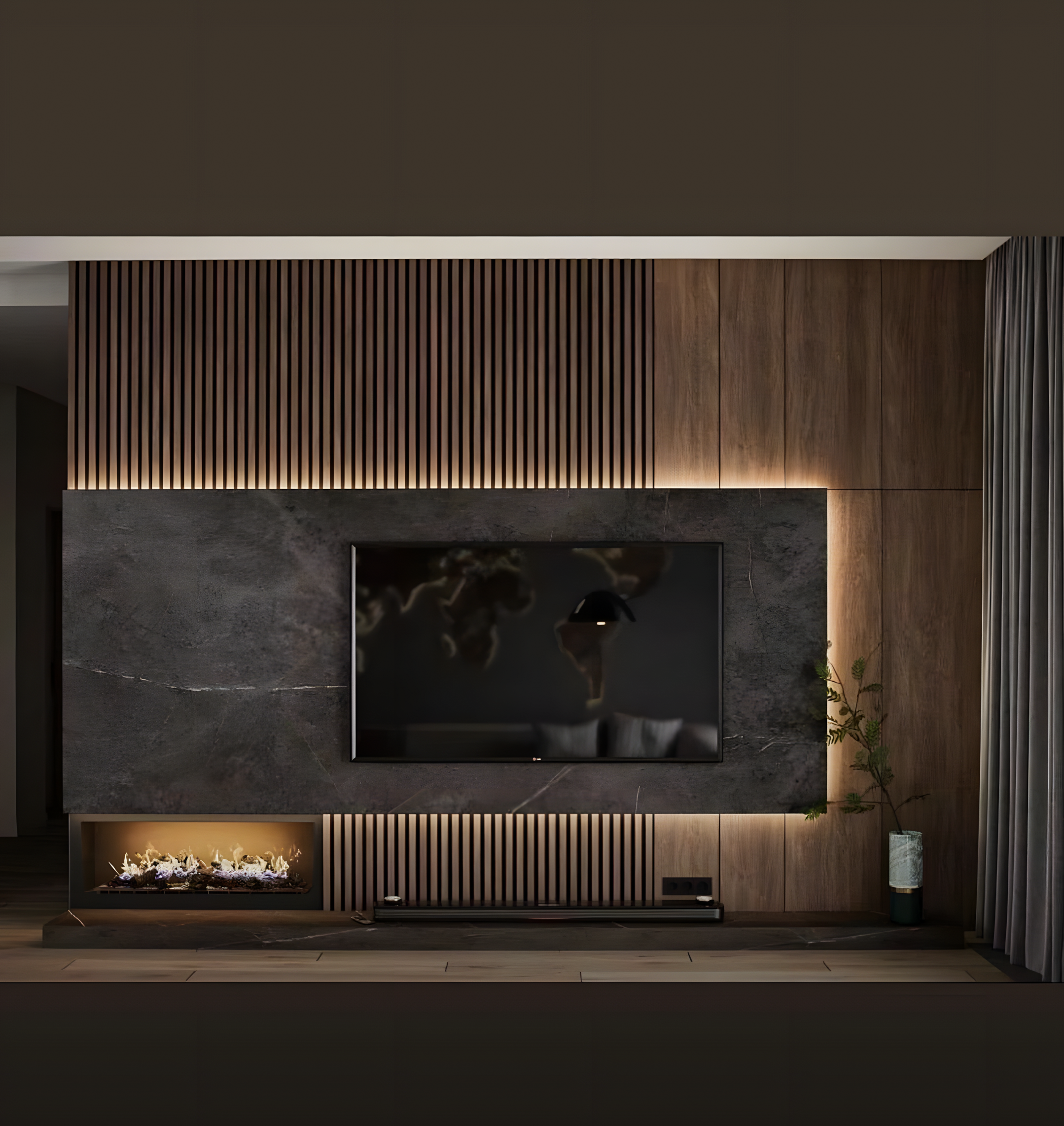 Modern TV Unit with Marble and Wood Accent Wall and Electric Fireplace | Material Depot