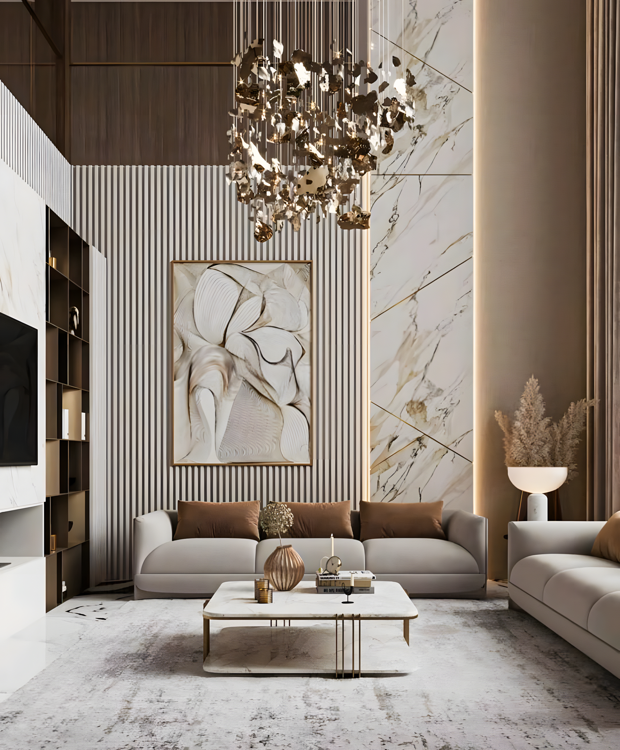 Modern Living Room with Marble Wall and Gold Accents | Material Depot