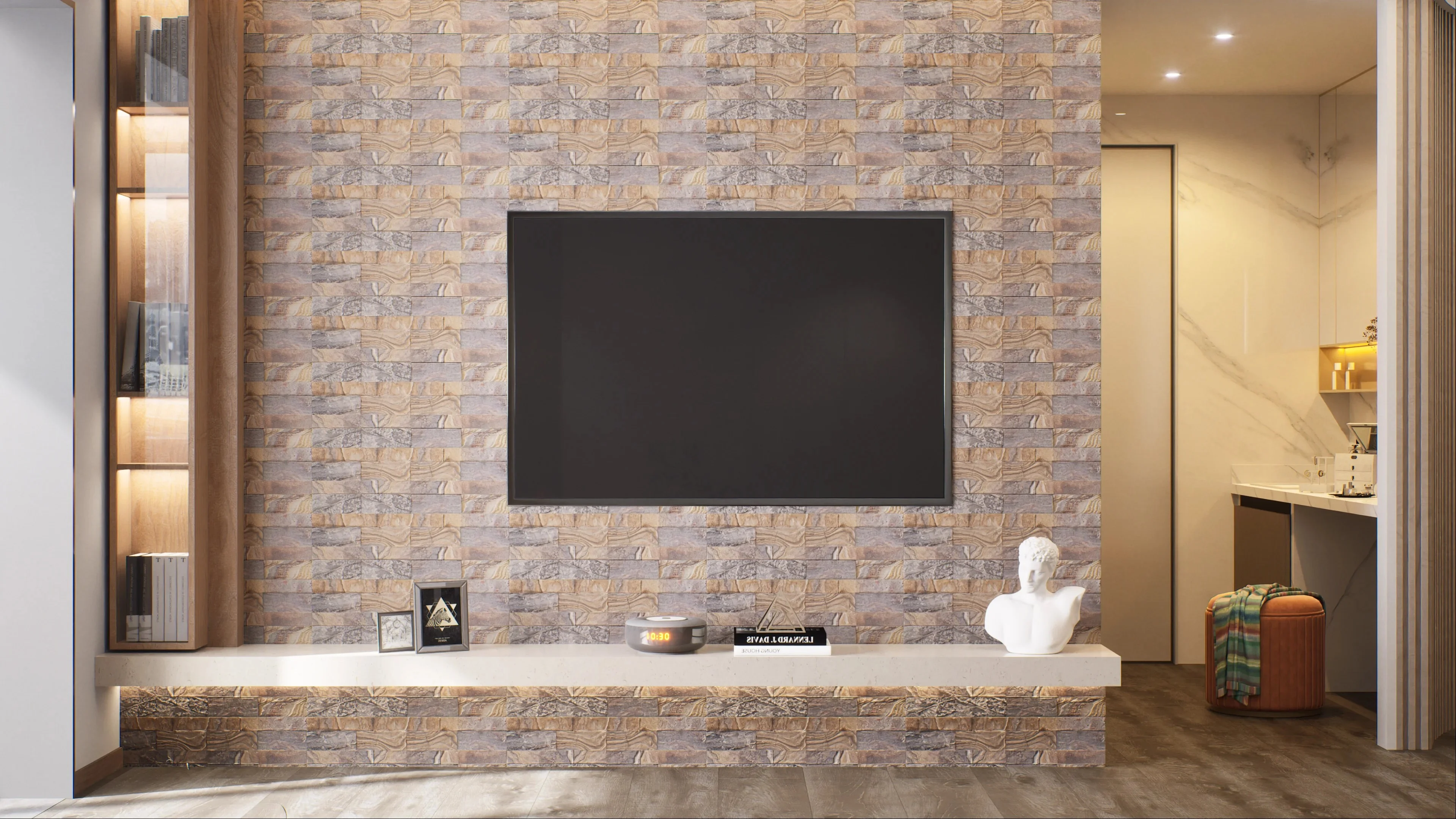 Modern Living Room with Stone Wall Cladding and TV Unit | Material Depot