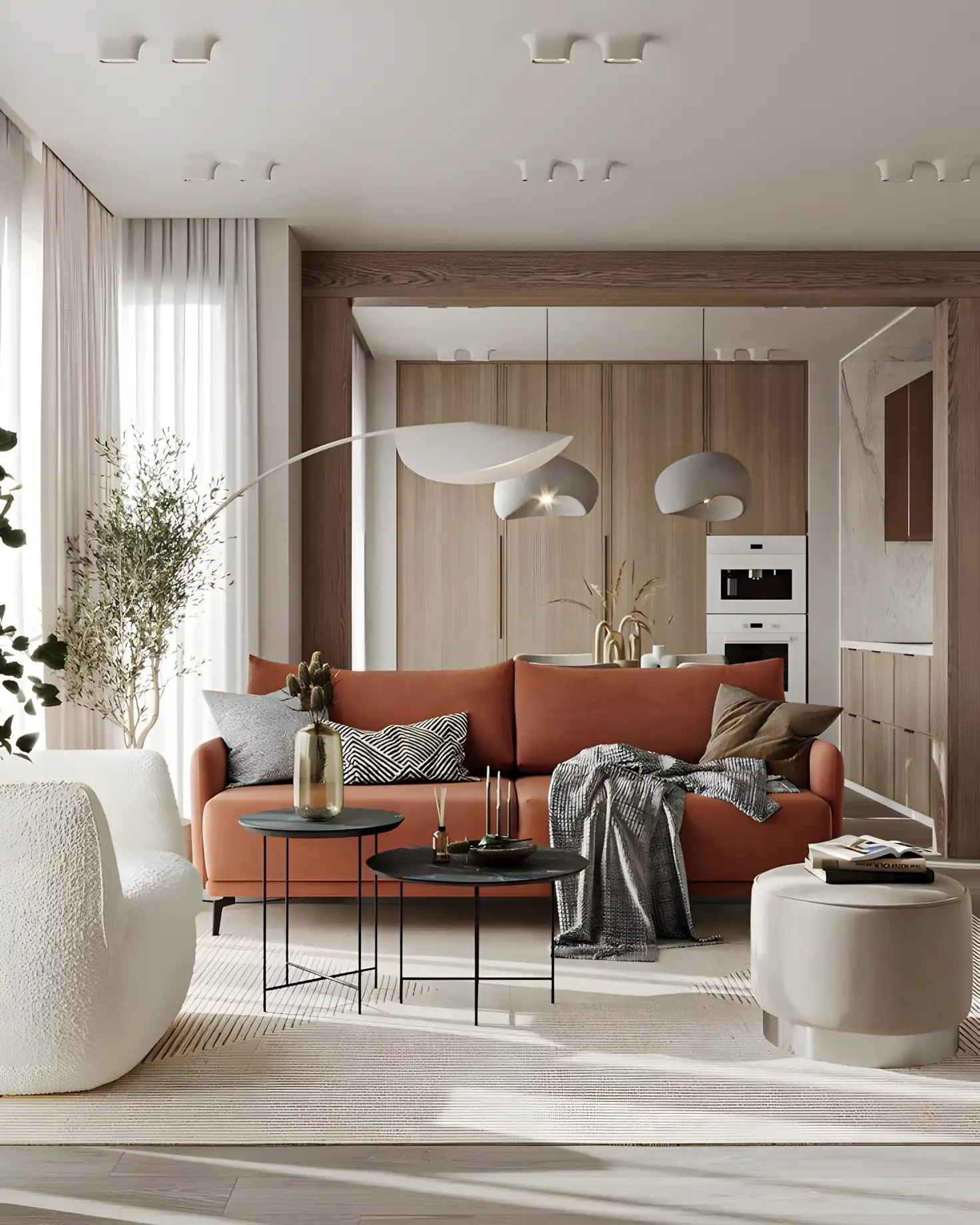 Modern Living Room with Terracotta Sofa and Neutral Tones | Material Depot