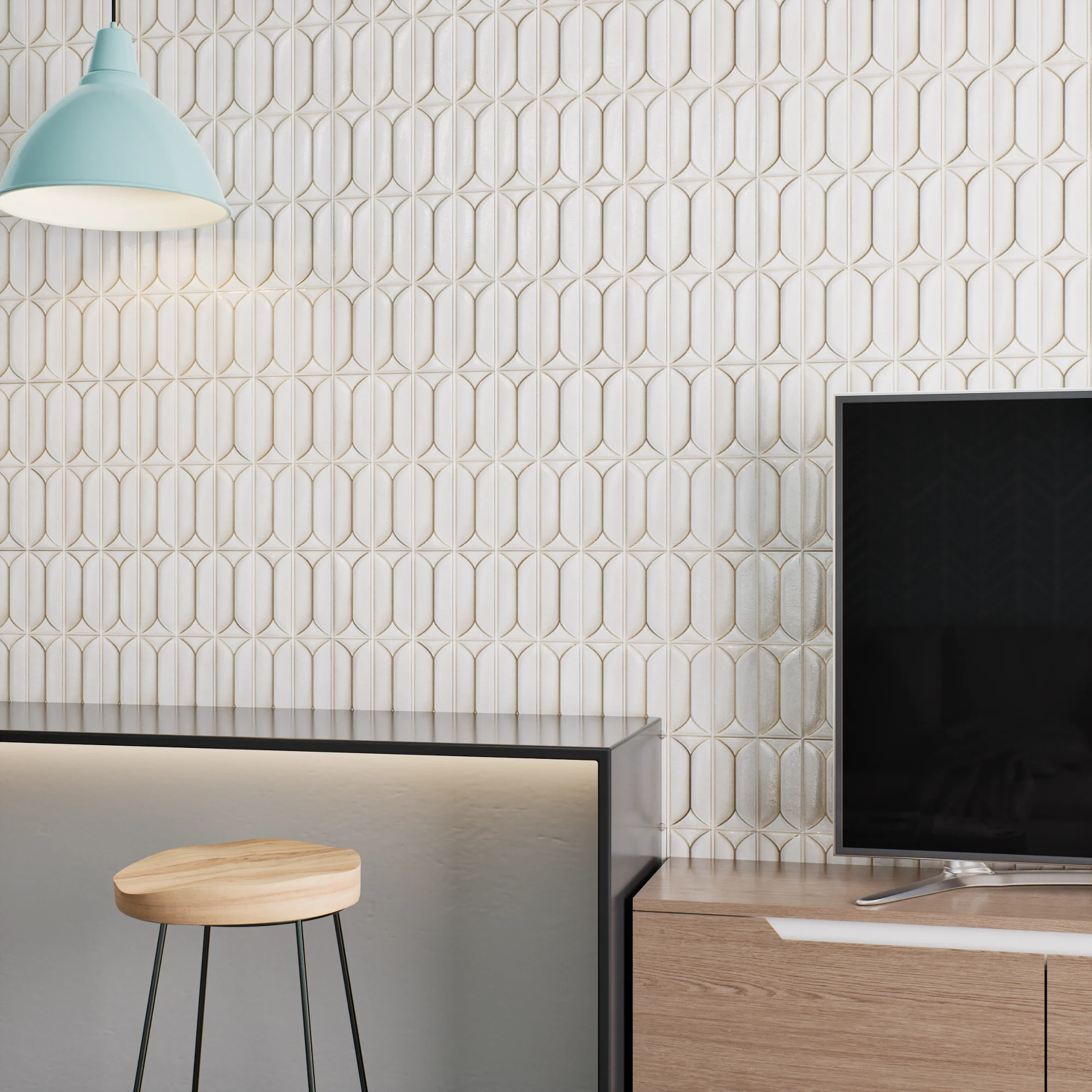 Modern Living Room with Textured White Tile Wall | Material Depot