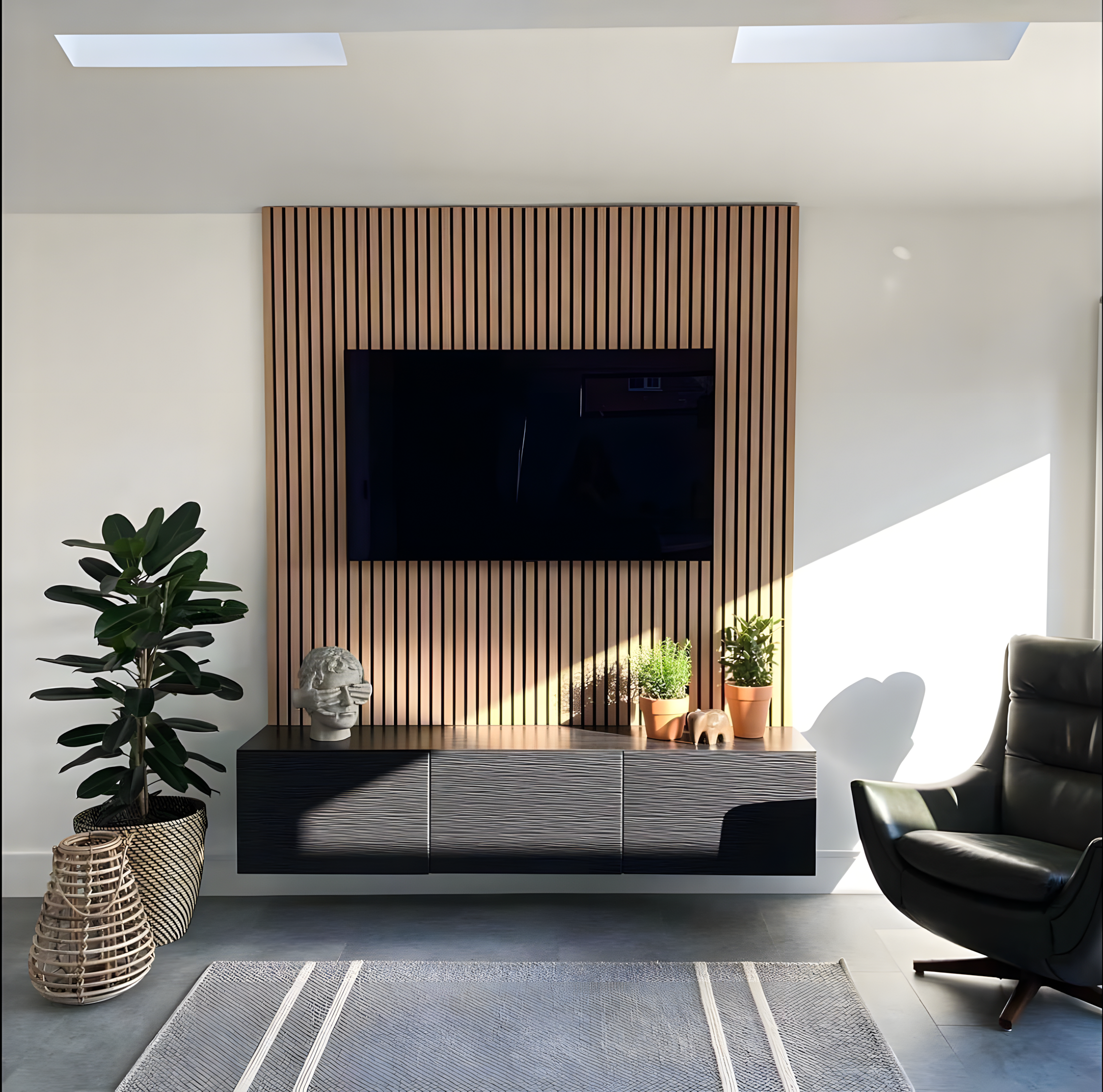 Modern TV Unit with Wood-Paneled Accent Wall | Material Depot