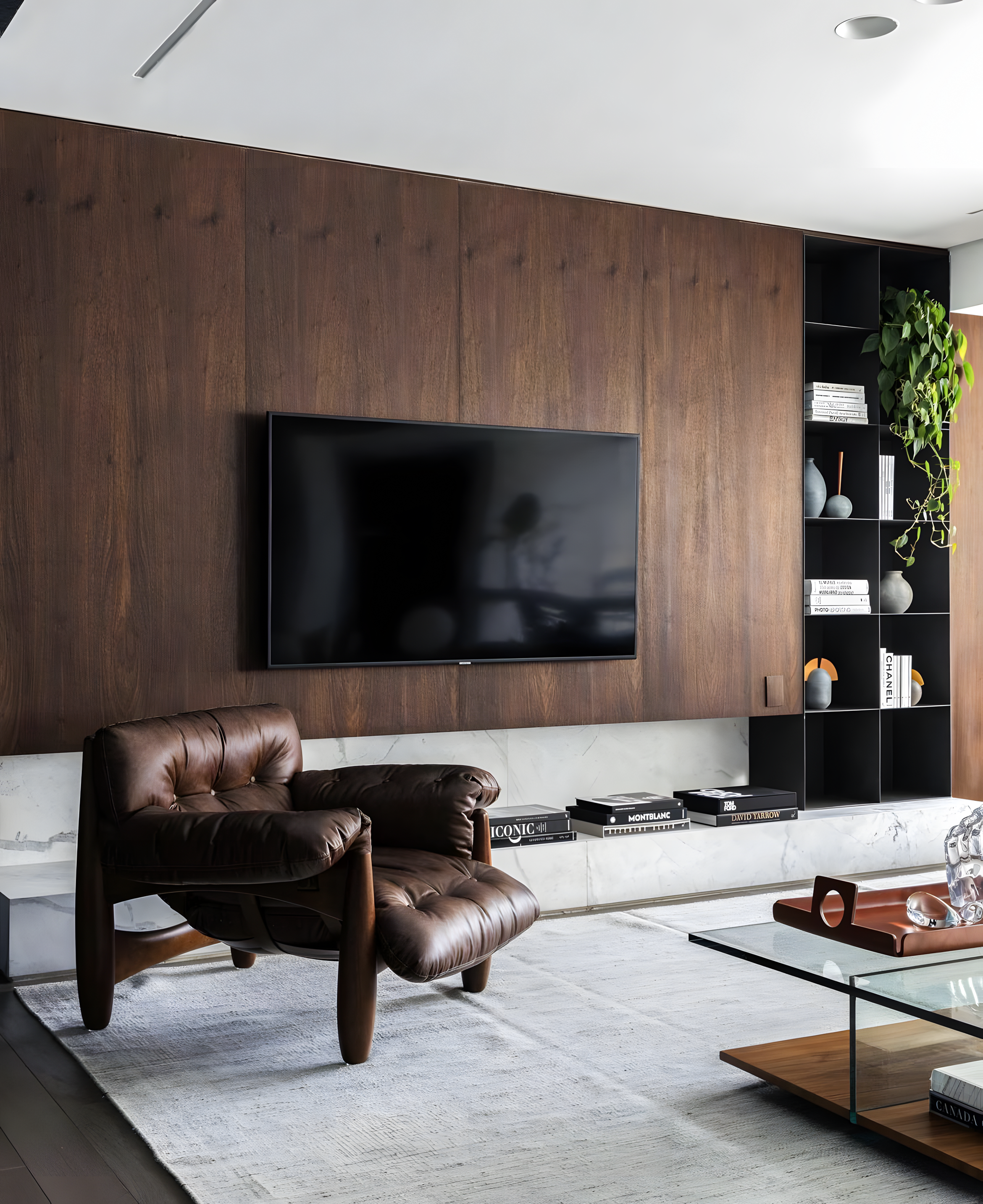 Modern TV Unit with Wood-Paneled Wall and Marble Accents | Material Depot