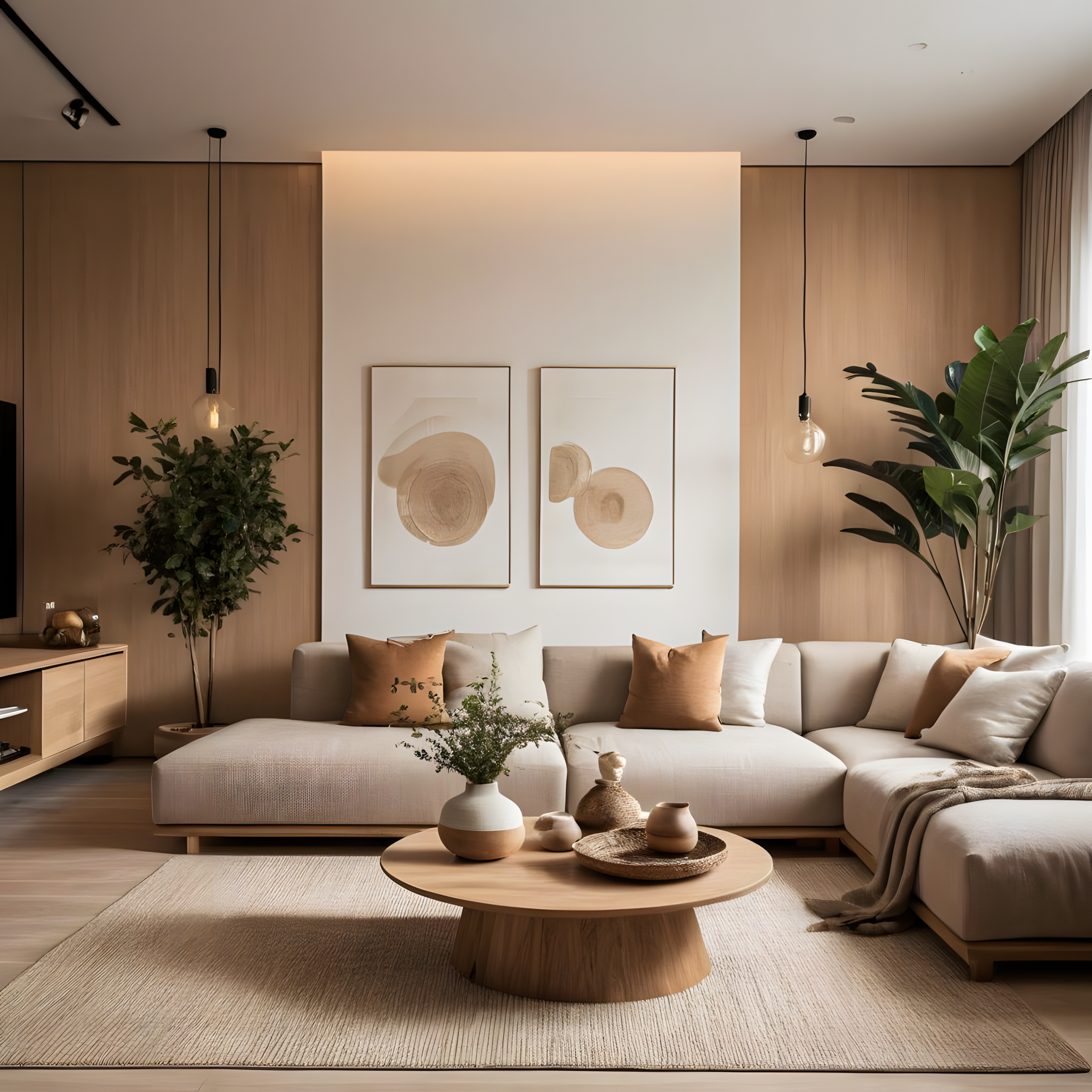 Modern Living Room with Wood-Paneled Wall and Natural Elements | Material Depot