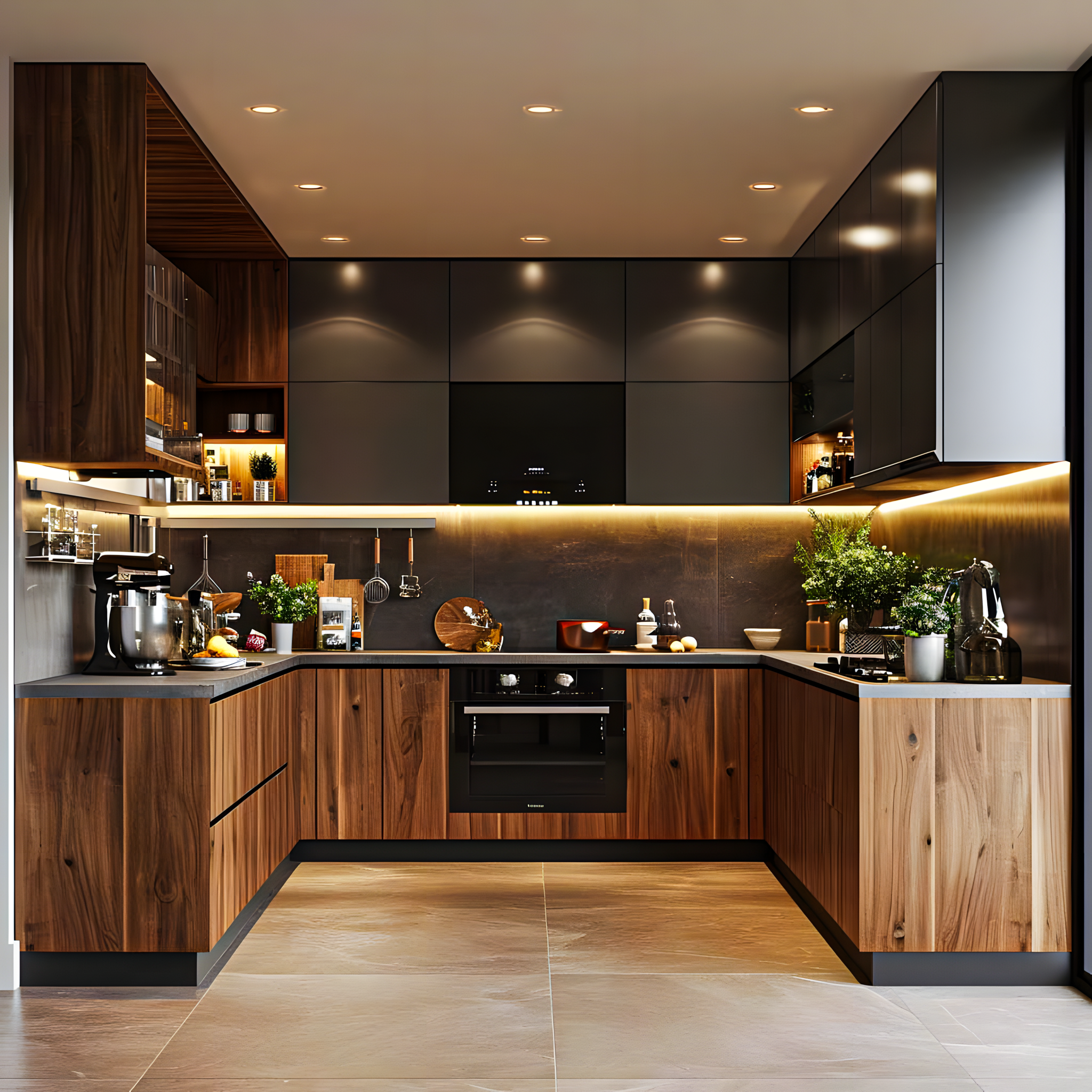 Modern L-Shaped Kitchen with Dark Accents | Material Depot