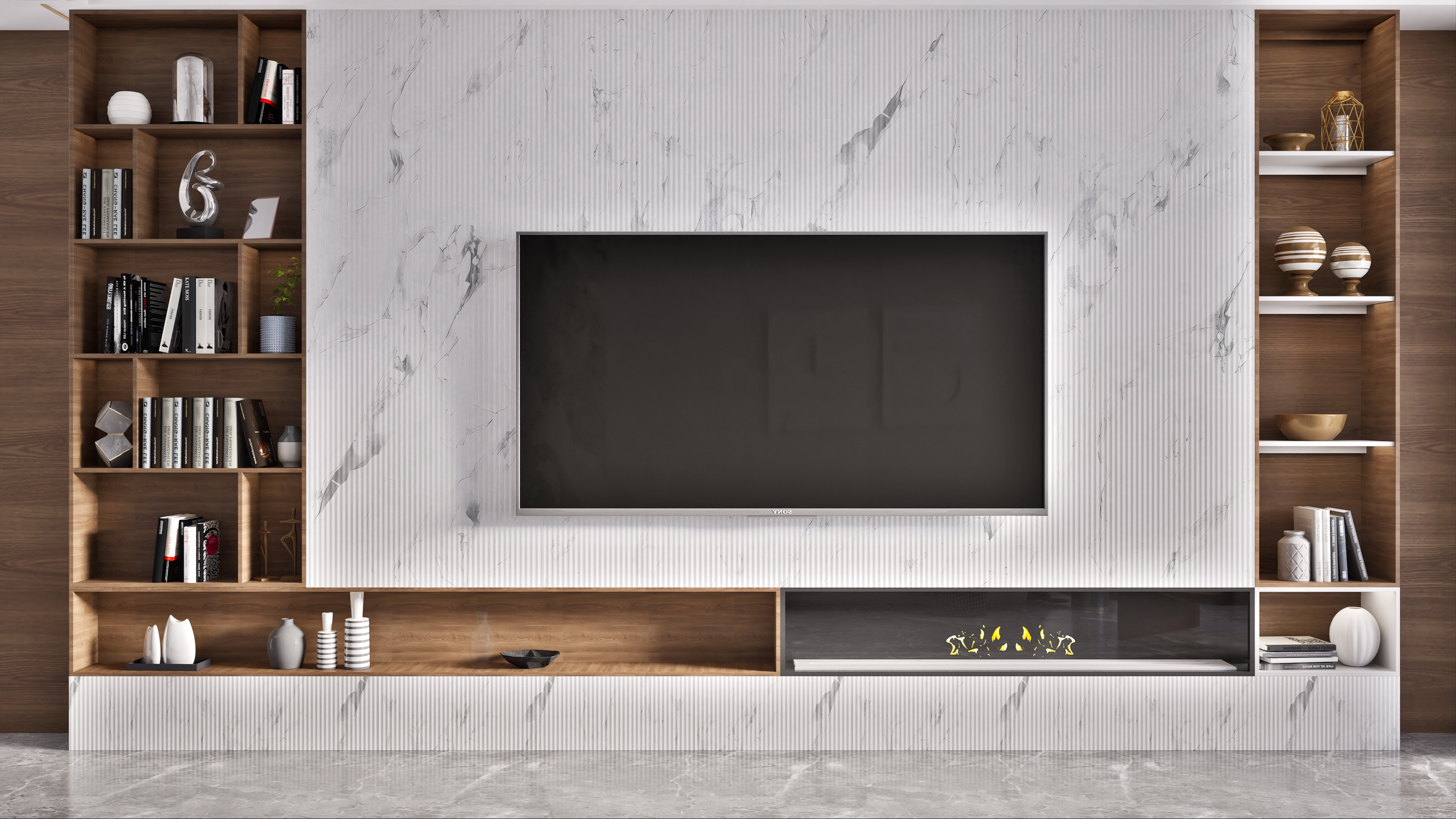 Modern Marble Fluted TV Unit with Integrated Shelving and Fireplace | Material Depot