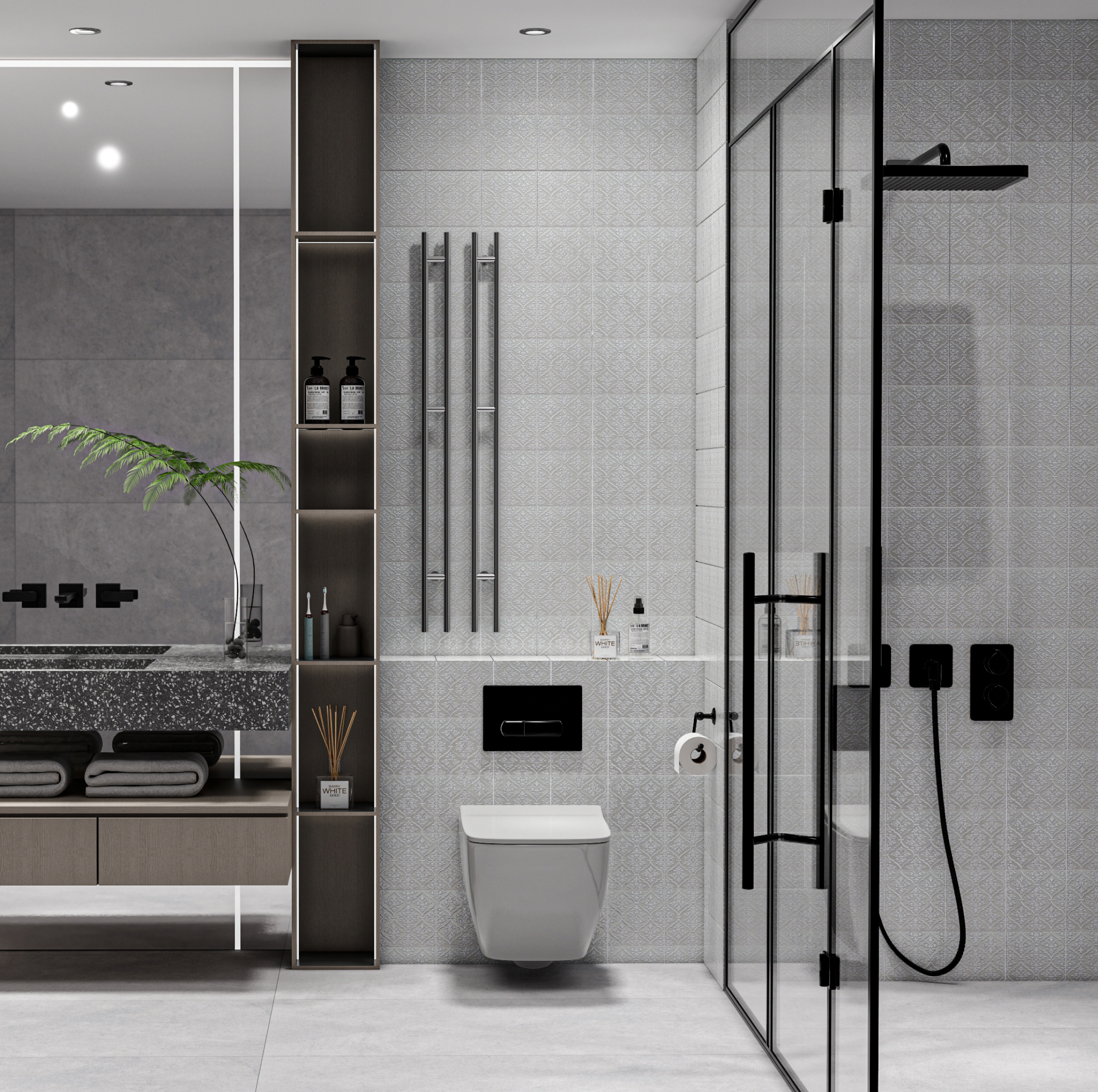 Modern Minimalist Bathroom with Handcrafted Highlighter Tiles and Black Accents | Material Depot