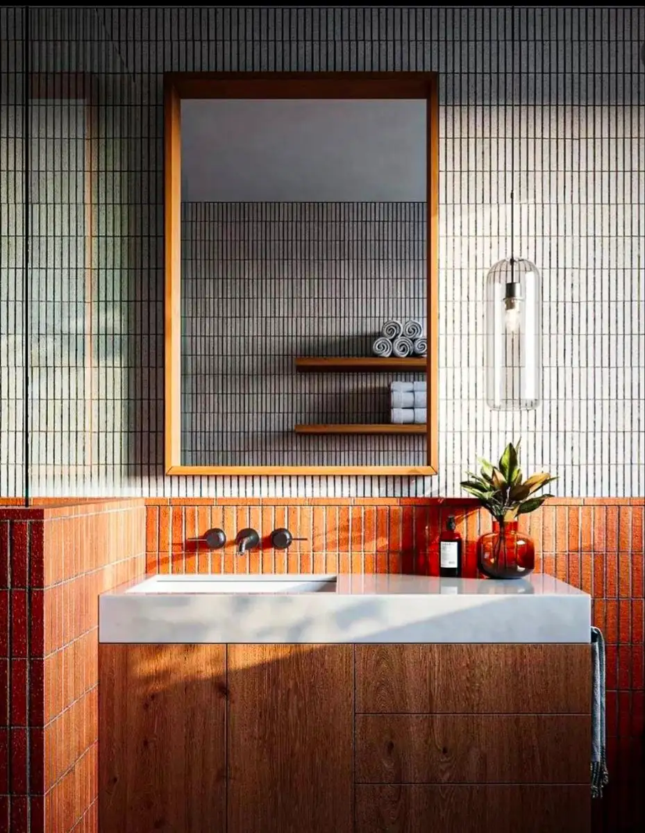 Modern Minimalist Bathroom with Terracotta and White Textured Tiles and Wooden Vanity | Material Depot