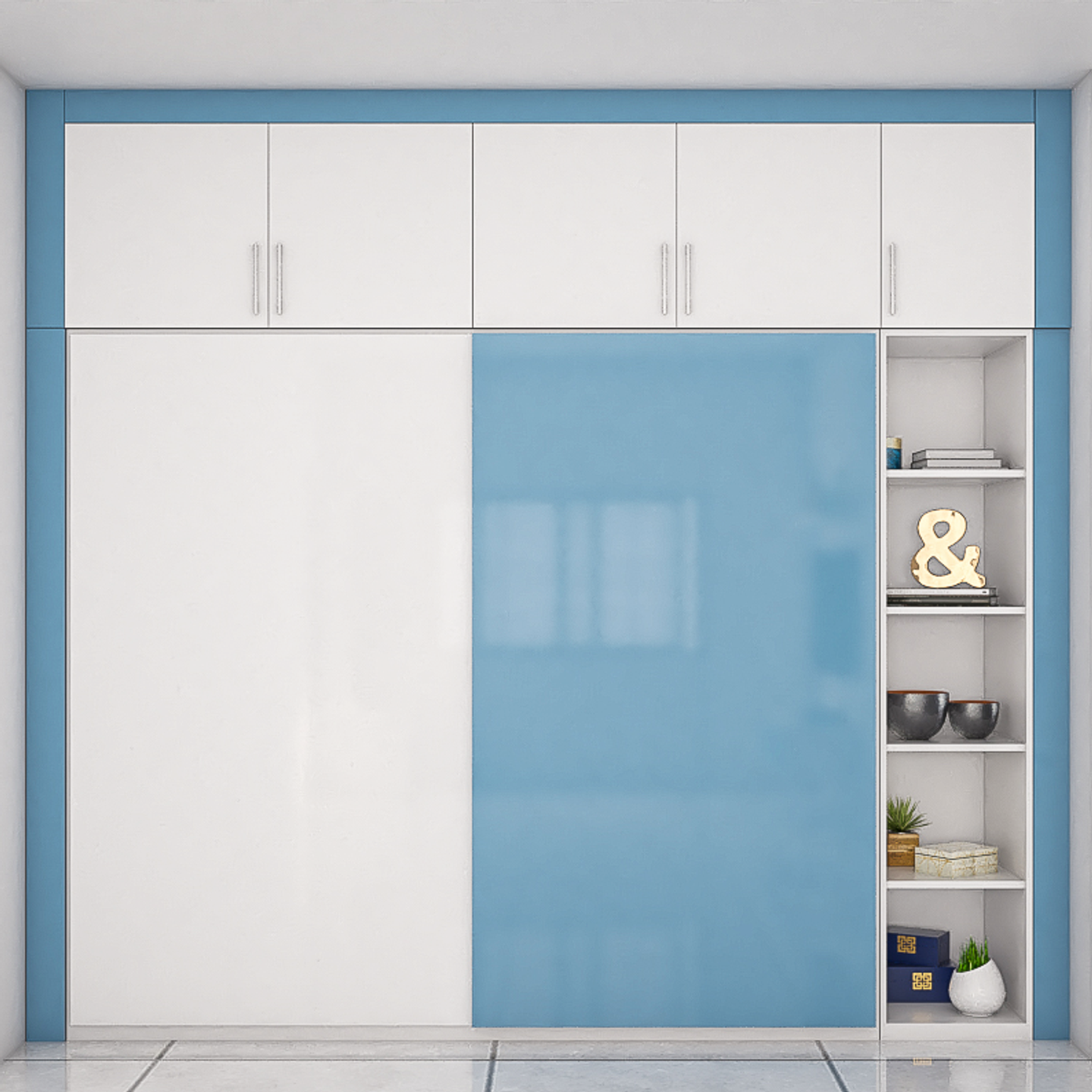 White sliding doors open to a very large closet organizer system with abundant storage space