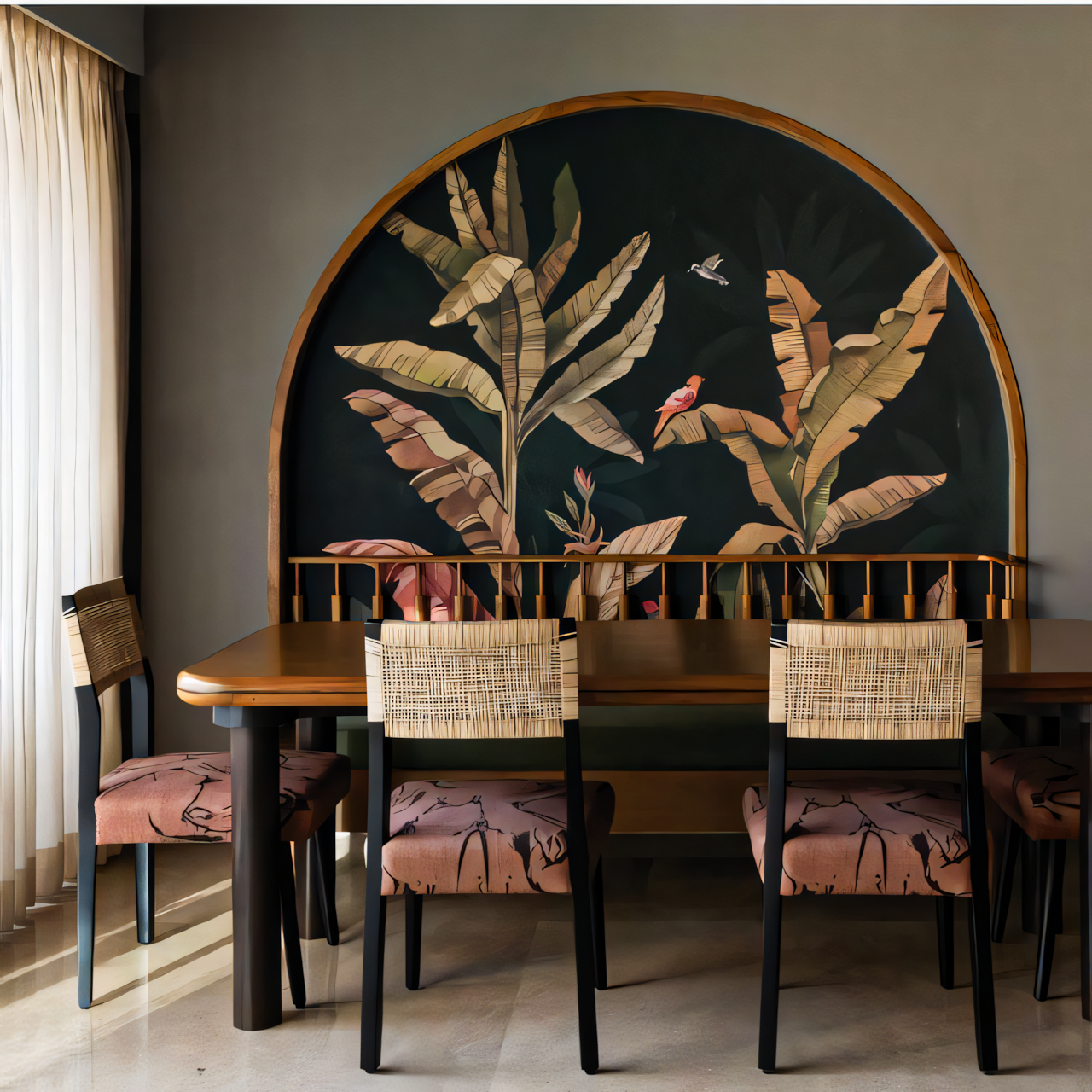 Modern Minimalist Dining Room with Arched Wall Paneling and Tropical Wallpaper | Material Depot