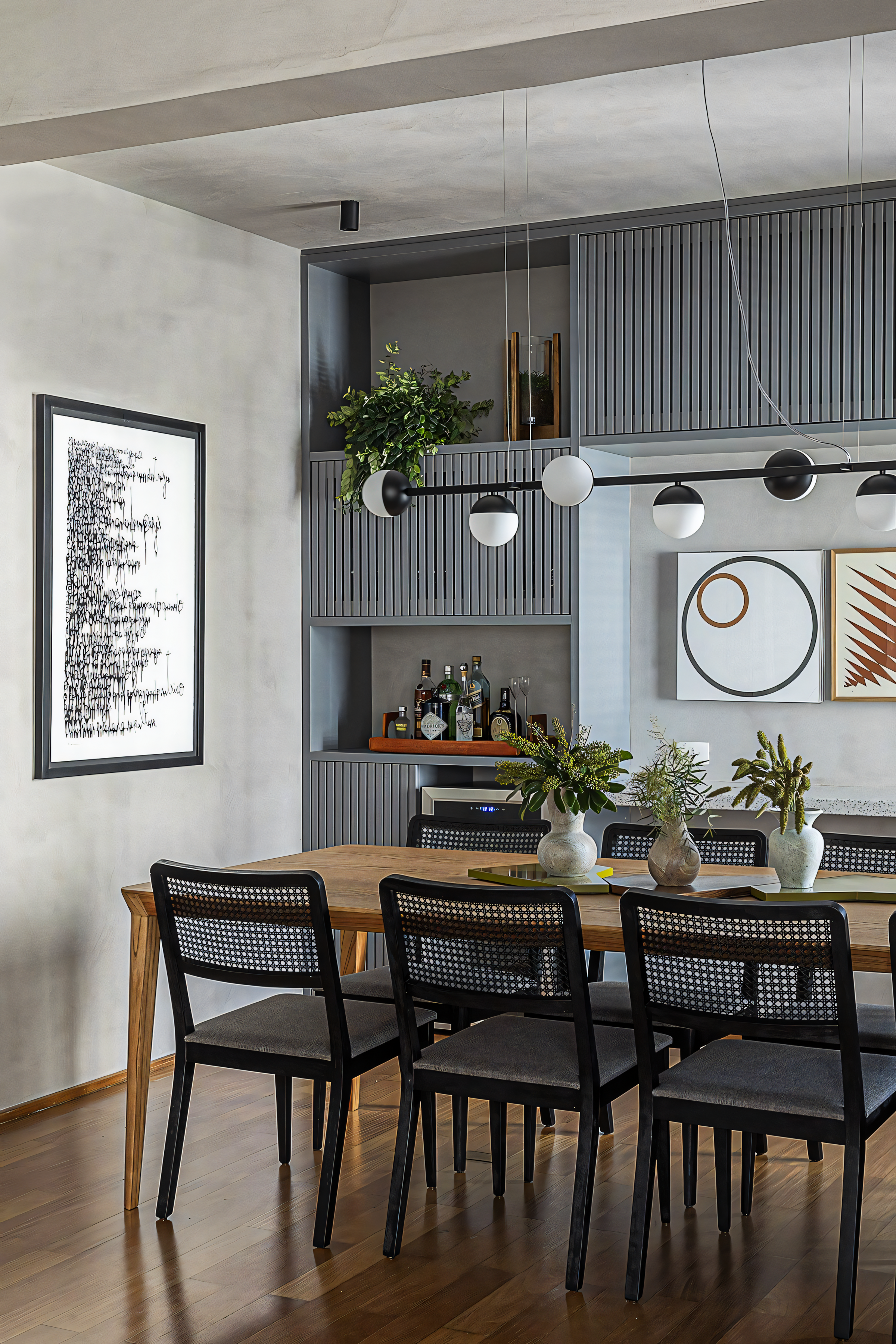 Modern Minimalist Dining Room with Built-in Shelving and Rattan Chairs | Material Depot