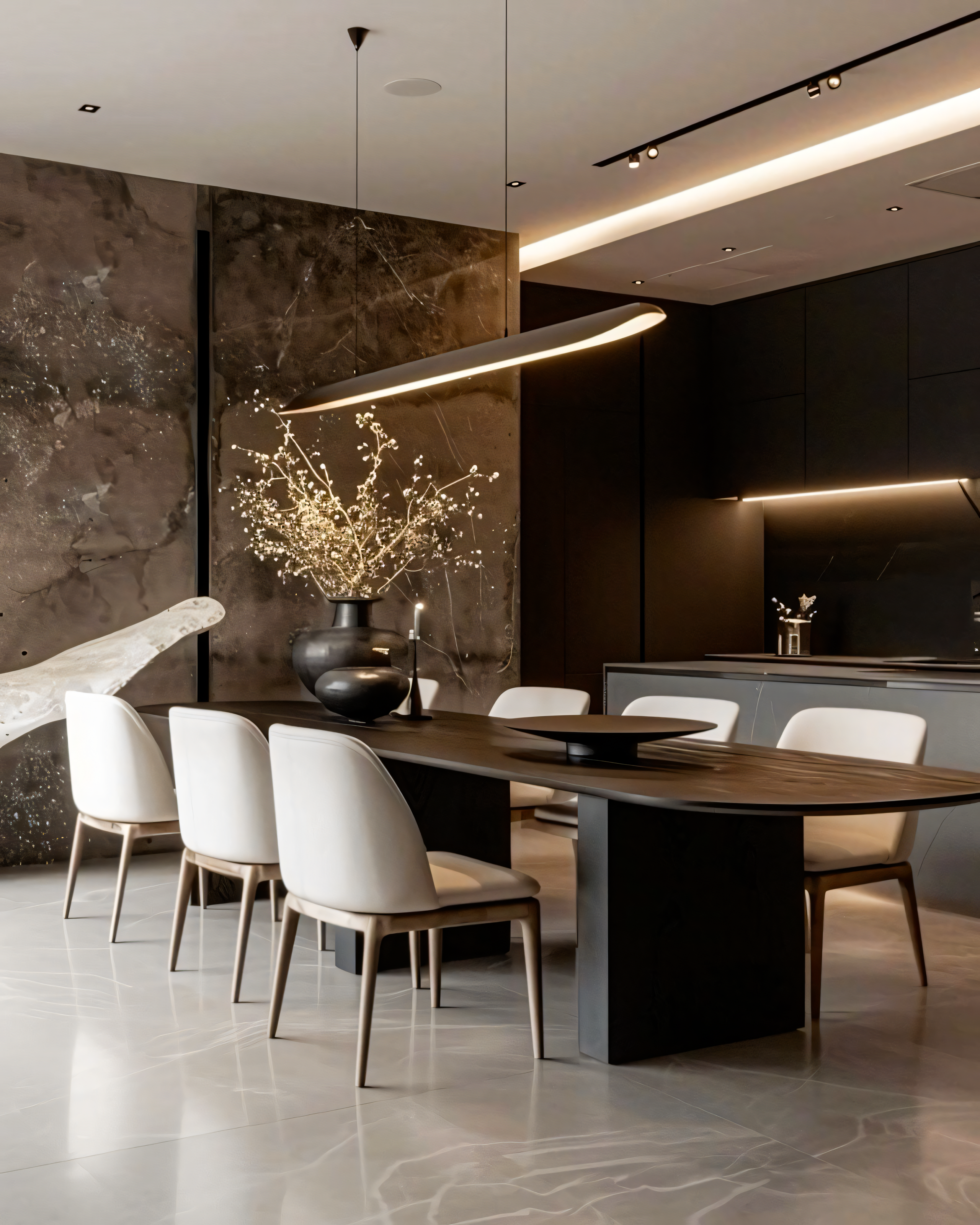 Modern Minimalist Dining Room with Rectangular Table and Marble Wall | Material Depot