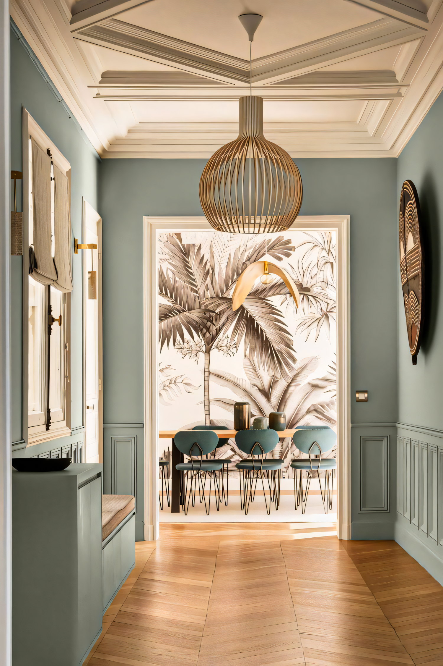 Modern Minimalist Dining Room with Tropical Wallpaper and Teal Chairs | Material Depot