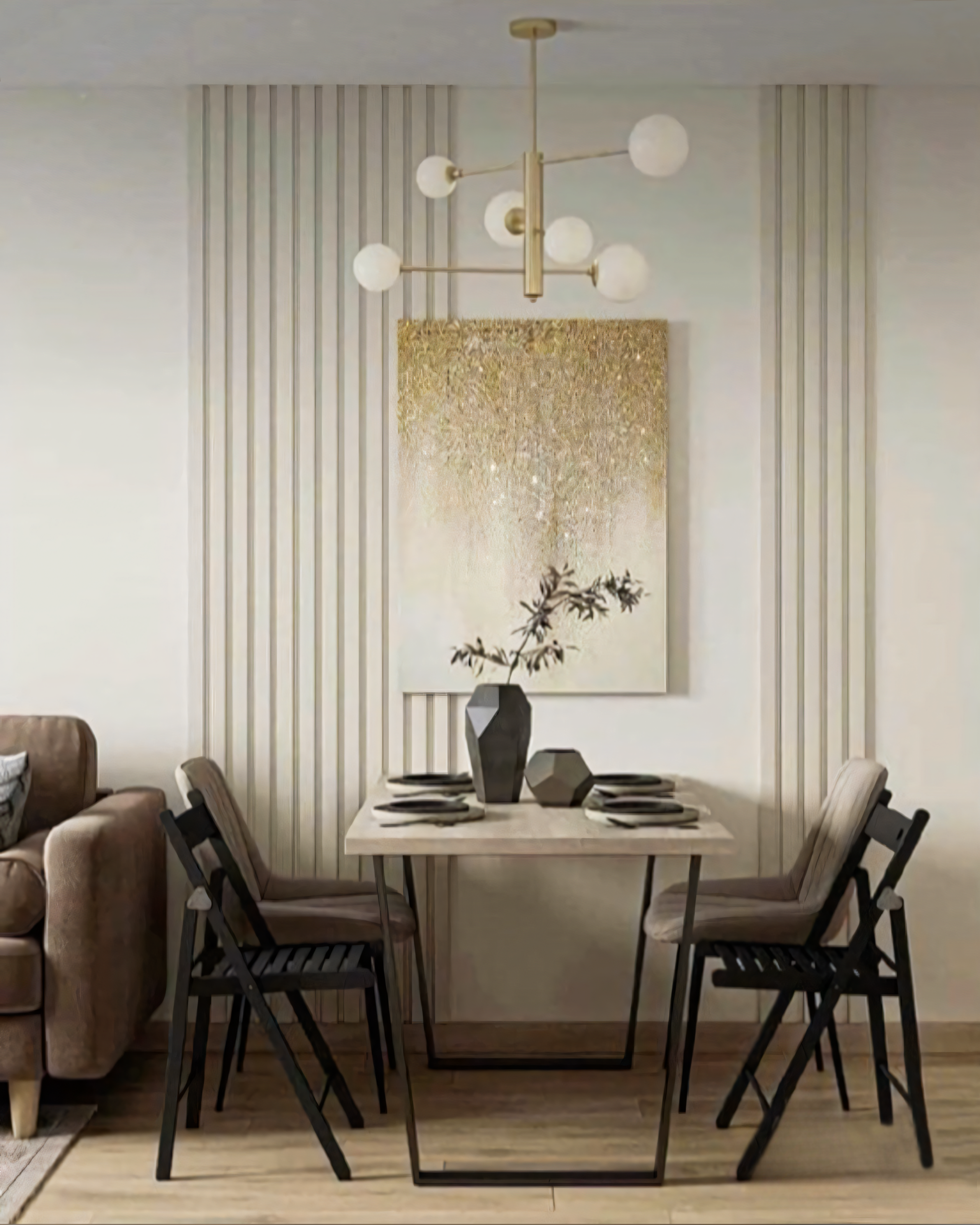 Modern Minimalist Dining Room with Vertical Wall Paneling and Black Chairs | Material Depot