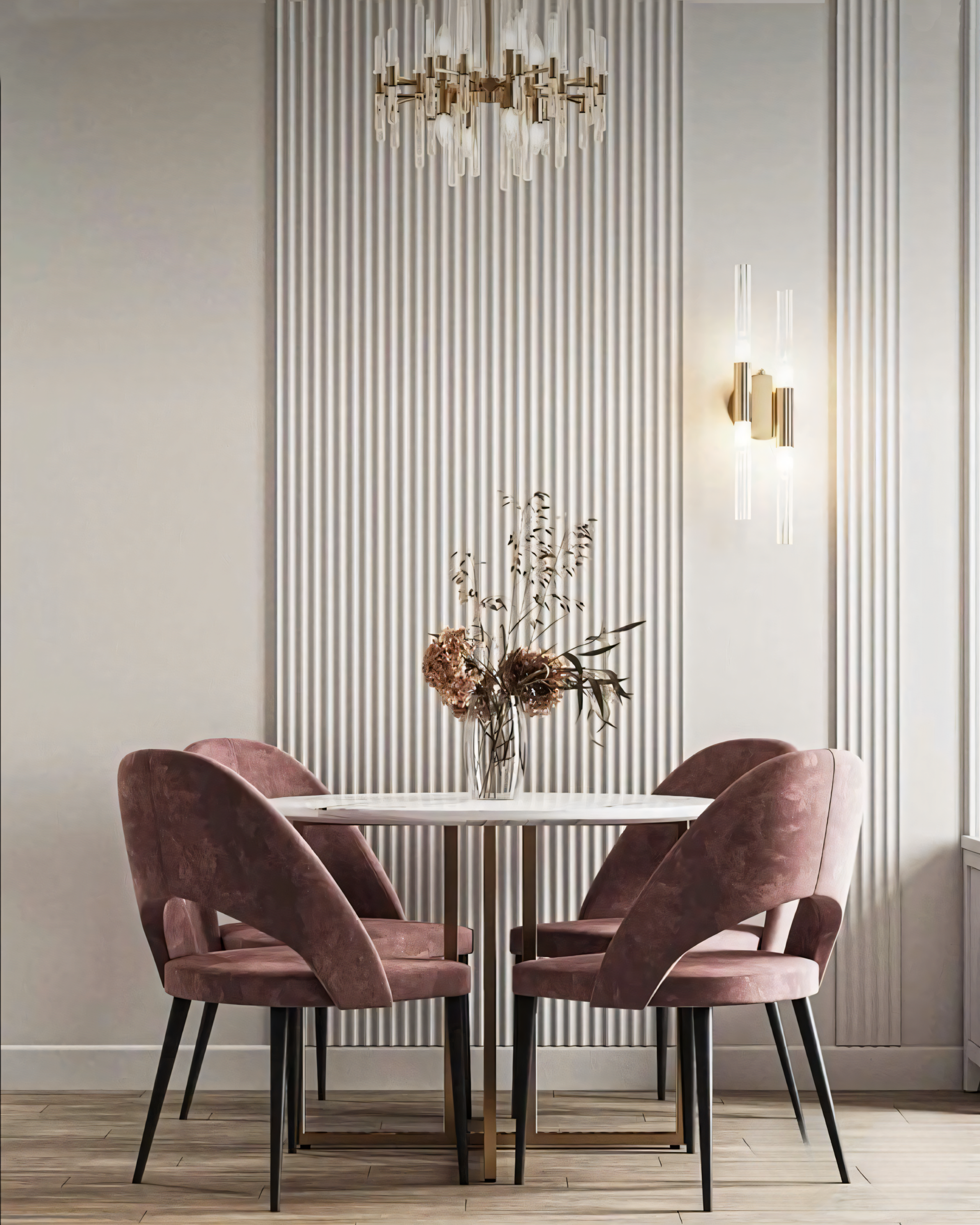 Modern Minimalist Dining Room with Vertical Wall Paneling and Velvet Chairs | Material Depot