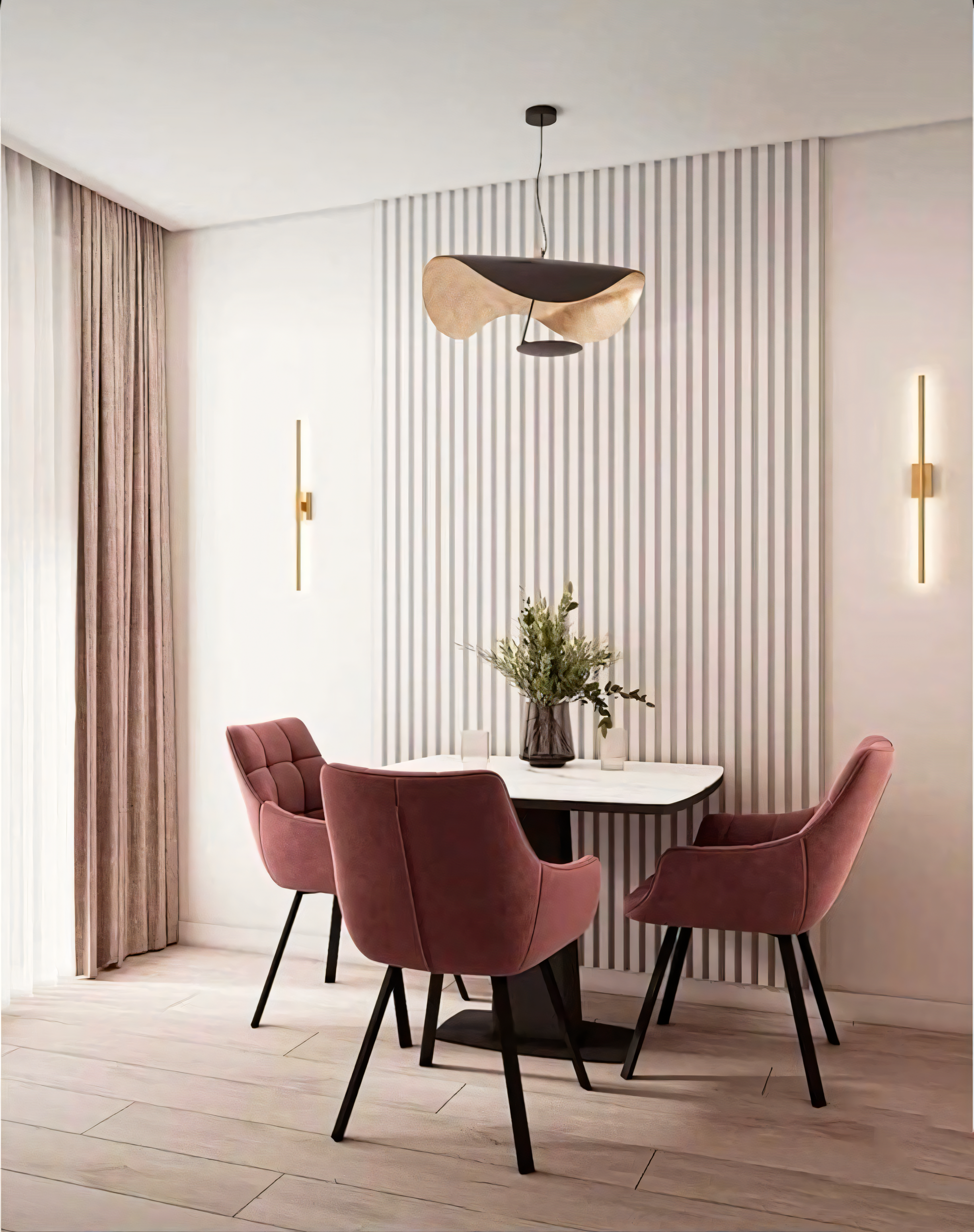 Modern Minimalist Dining Room with Vertical Wall Paneling and Velvet Chairs | Material Depot