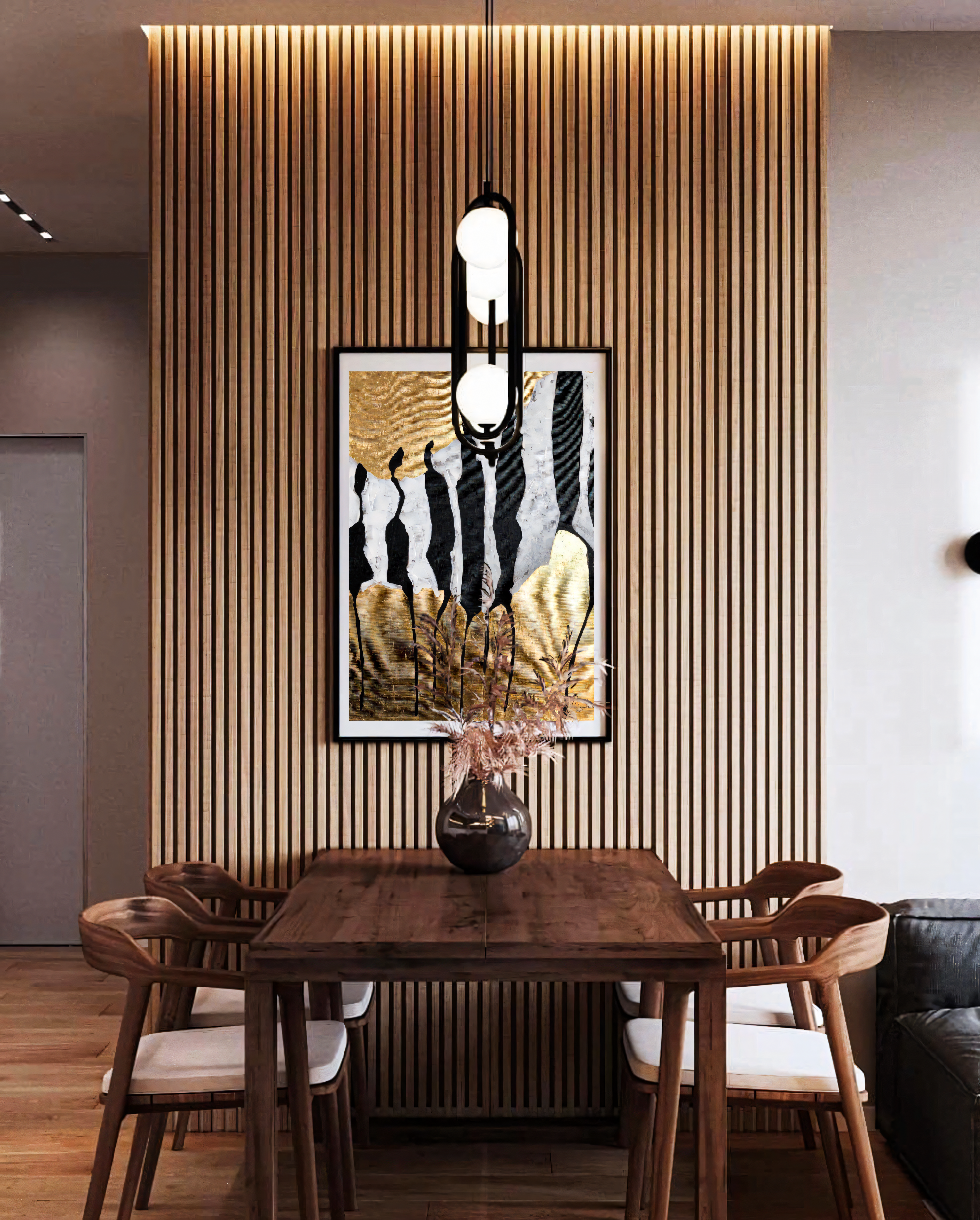 Modern Minimalist Dining Room with Vertical Wood Paneling and Wooden Chairs | Material Depot