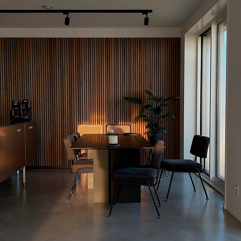 Modern Minimalist Dining Room with Wood Paneling and Pendant Lighting | Material Depot