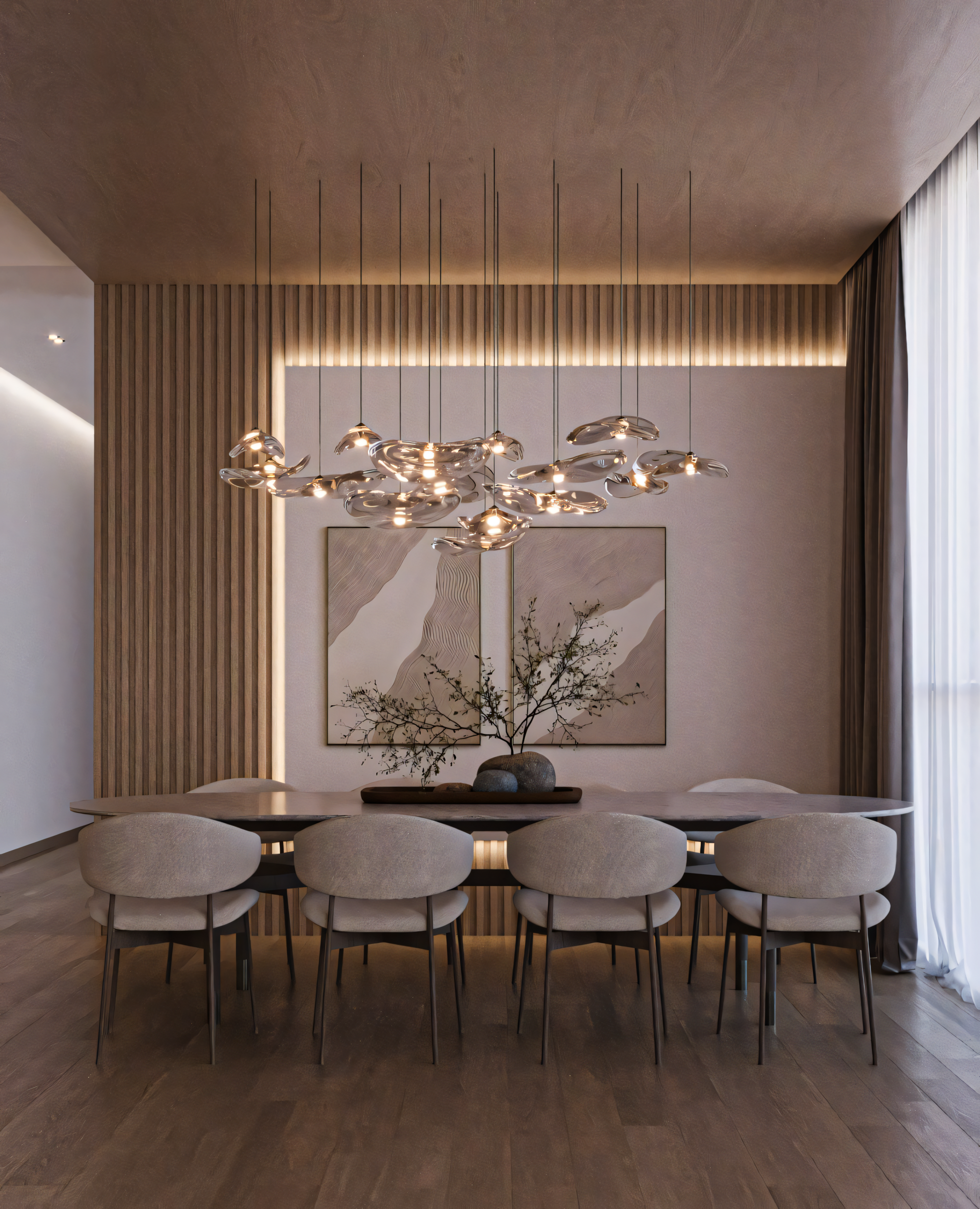 Modern Minimalist Dining Room with Wood Paneling and Pendant Lighting | Material Depot