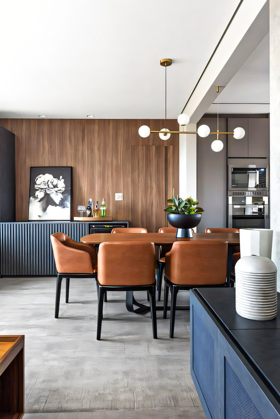 Modern Minimalist Dining Room with Wooden Wall Paneling and Brown Chairs | Material Depot