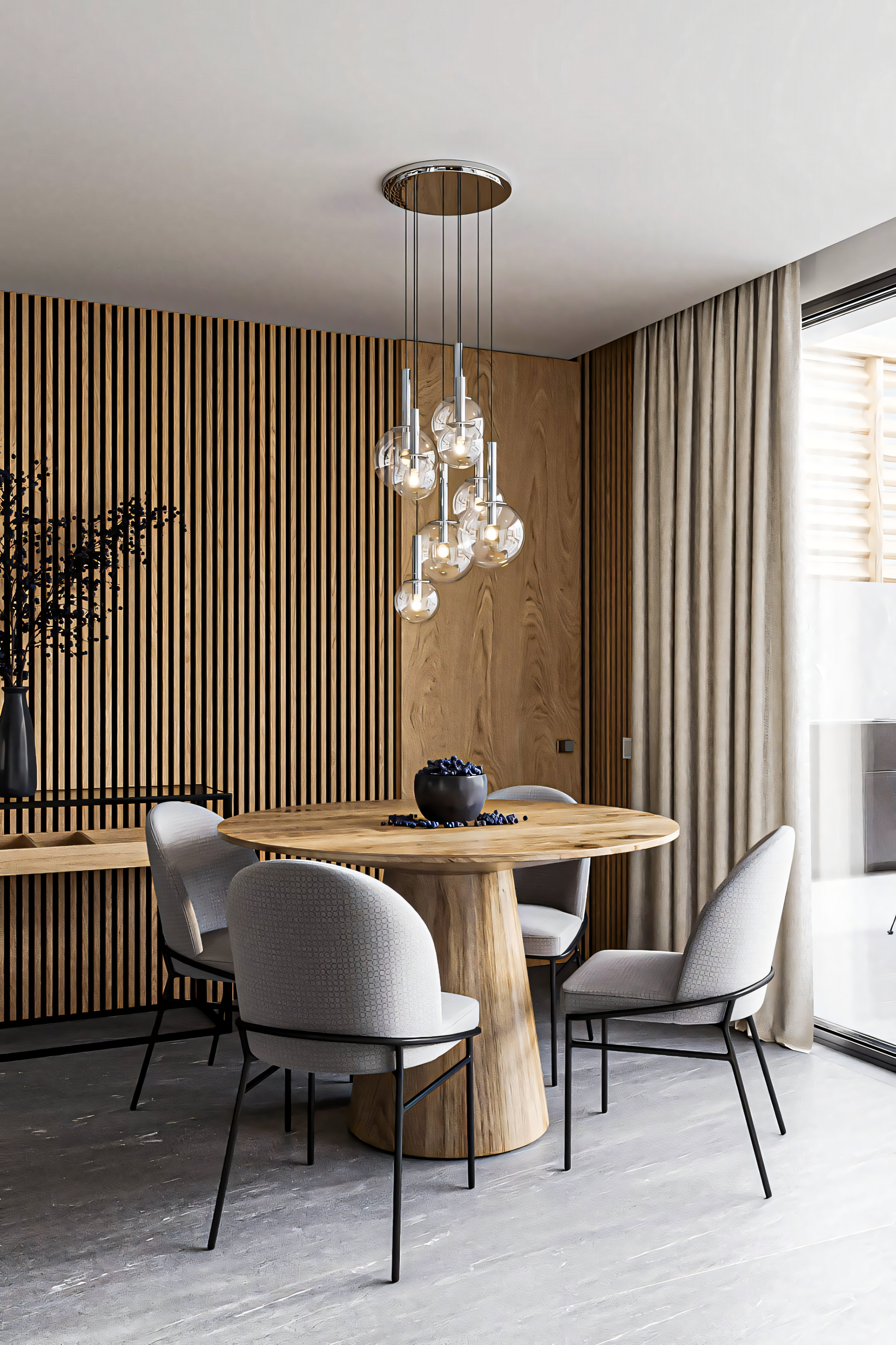 Modern Minimalist Dining Room with Wooden Wall Paneling and Pendant Lighting | Material Depot