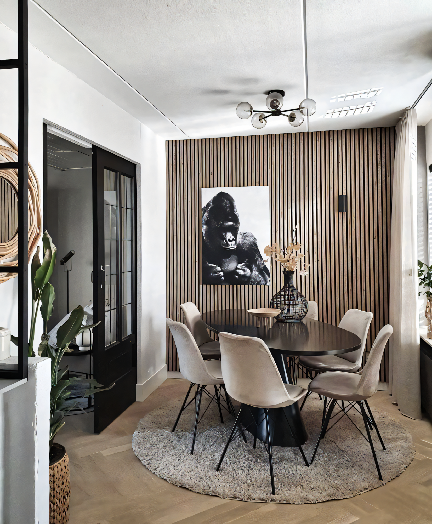 Modern Minimalist Dining Room with Wooden Wall Paneling and Pendant Lighting | Material Depot