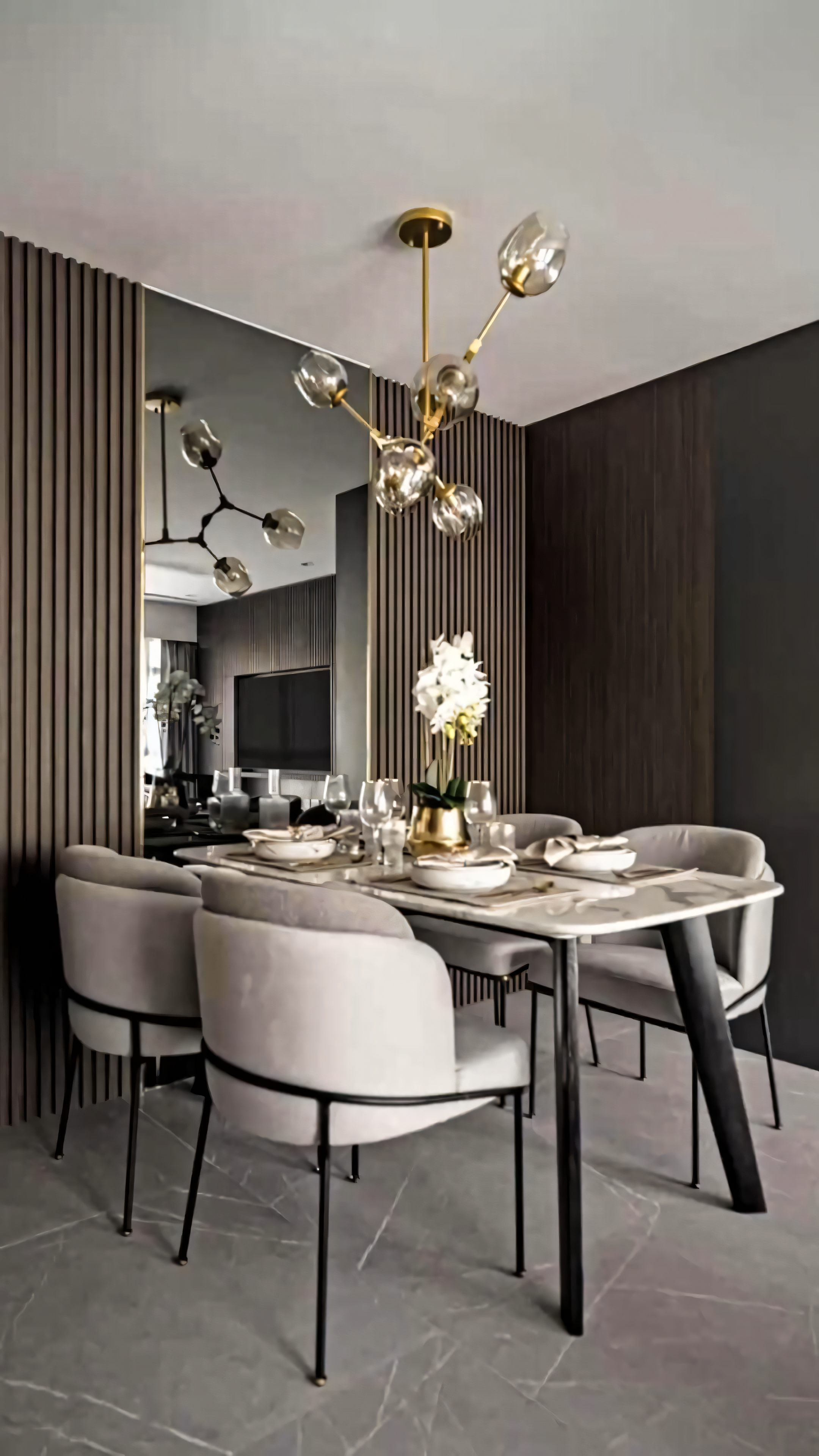 Modern Minimalist Dining Room with Wooden Wall Paneling and Wall Mirror | Material Depot