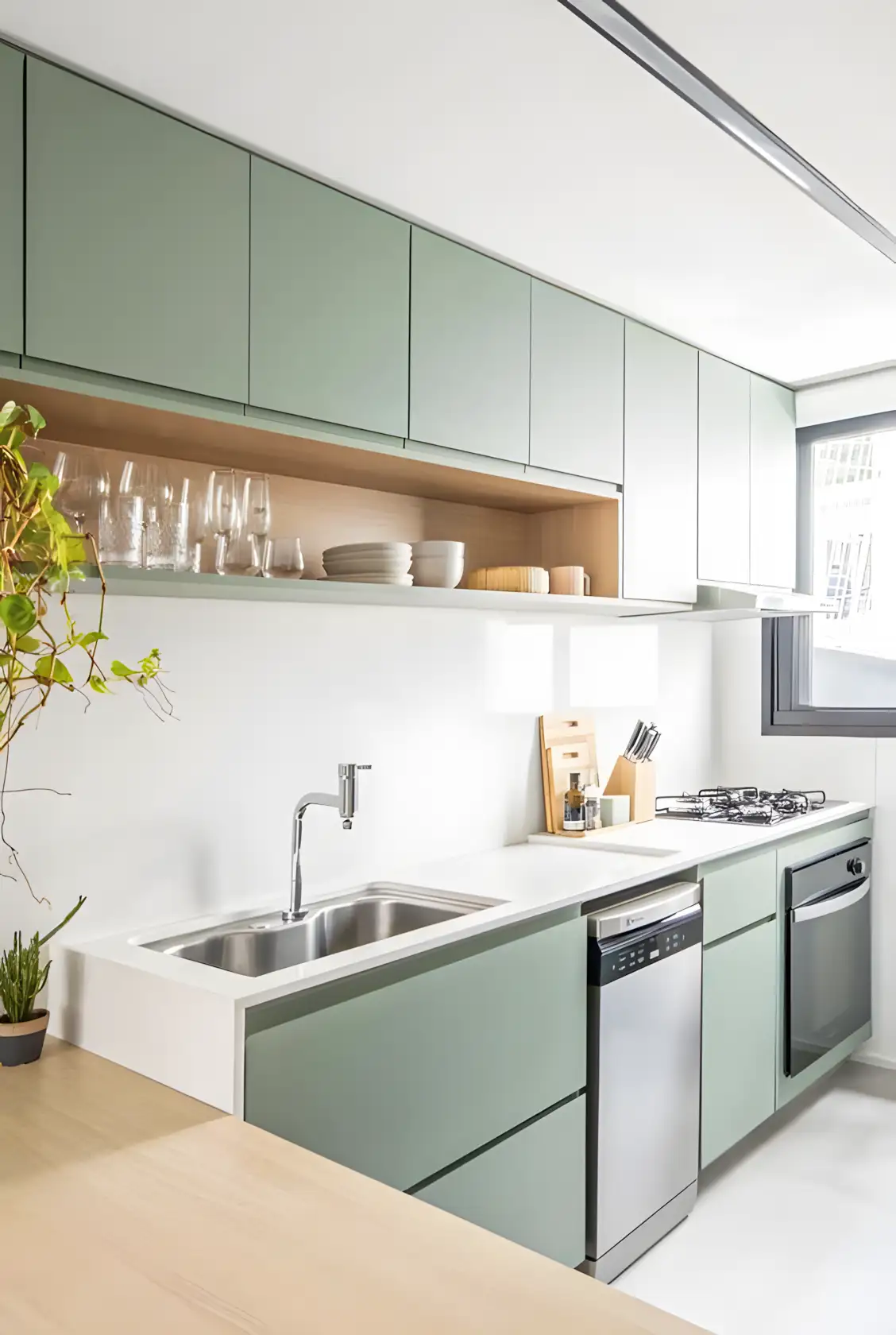 Modern Minimalist Green Kitchen with Open Shelving | Material Depot