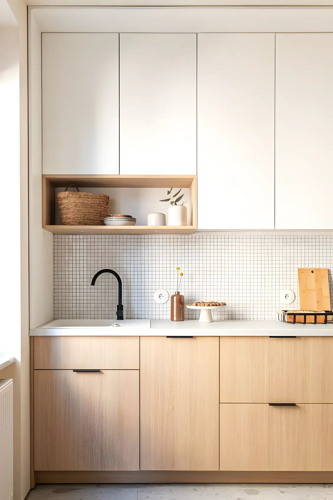 Modern Minimalist Kitchen with Light Wood and White Cabinetry | Material Depot