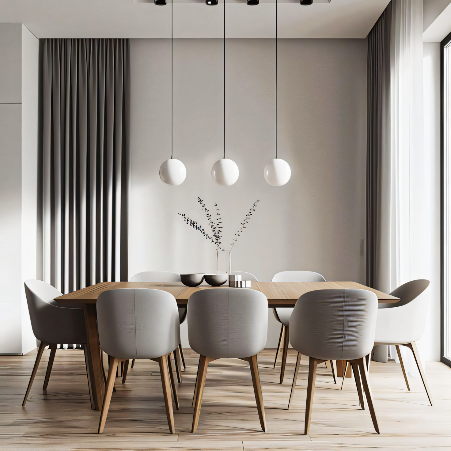 Modern Minimalist Open-Plan Living Space with Round Dining Table and Wooden Chairs | Material Depot