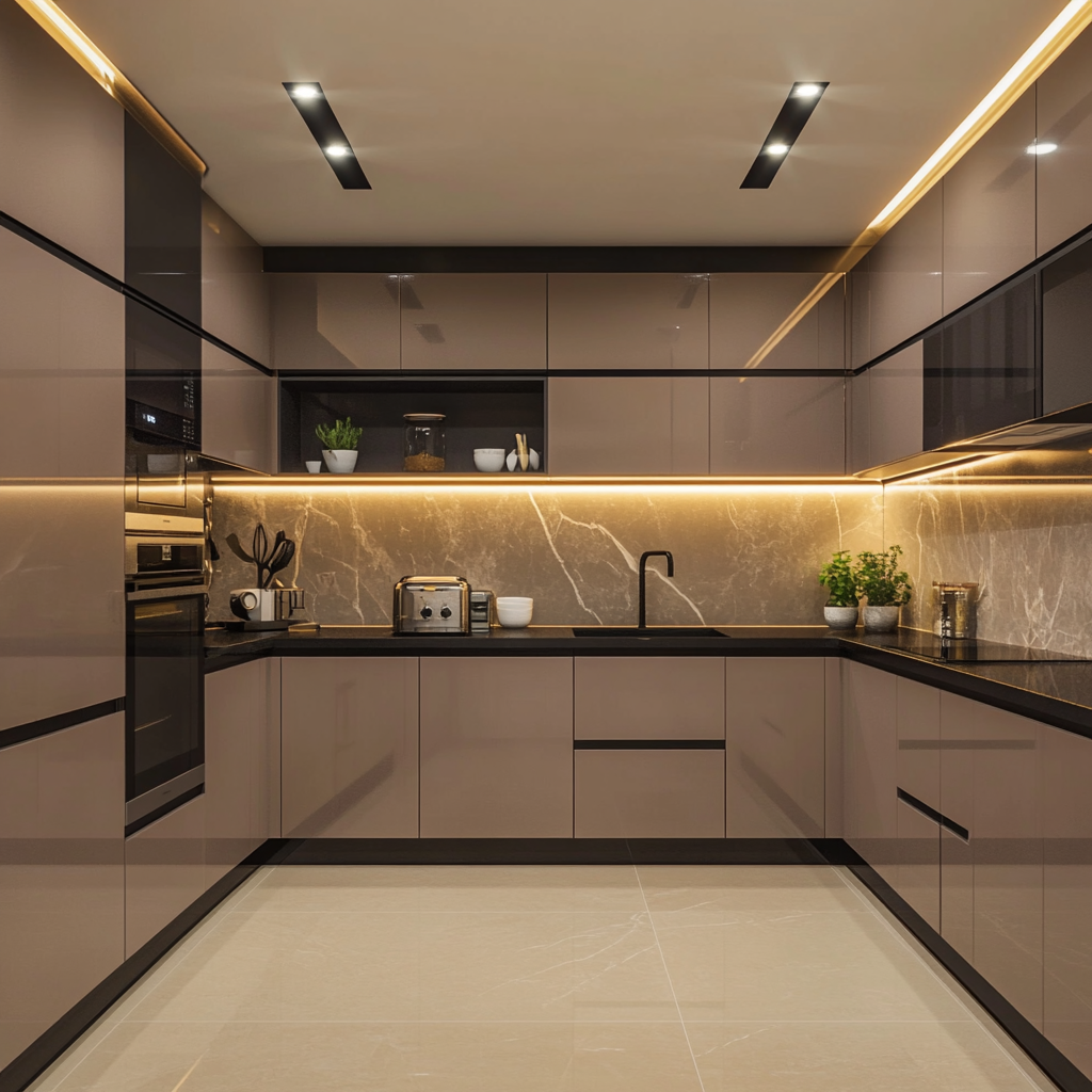 Modern Mocha Kitchen Design with Integrated Lighting and Marble Countertops | Material Depot