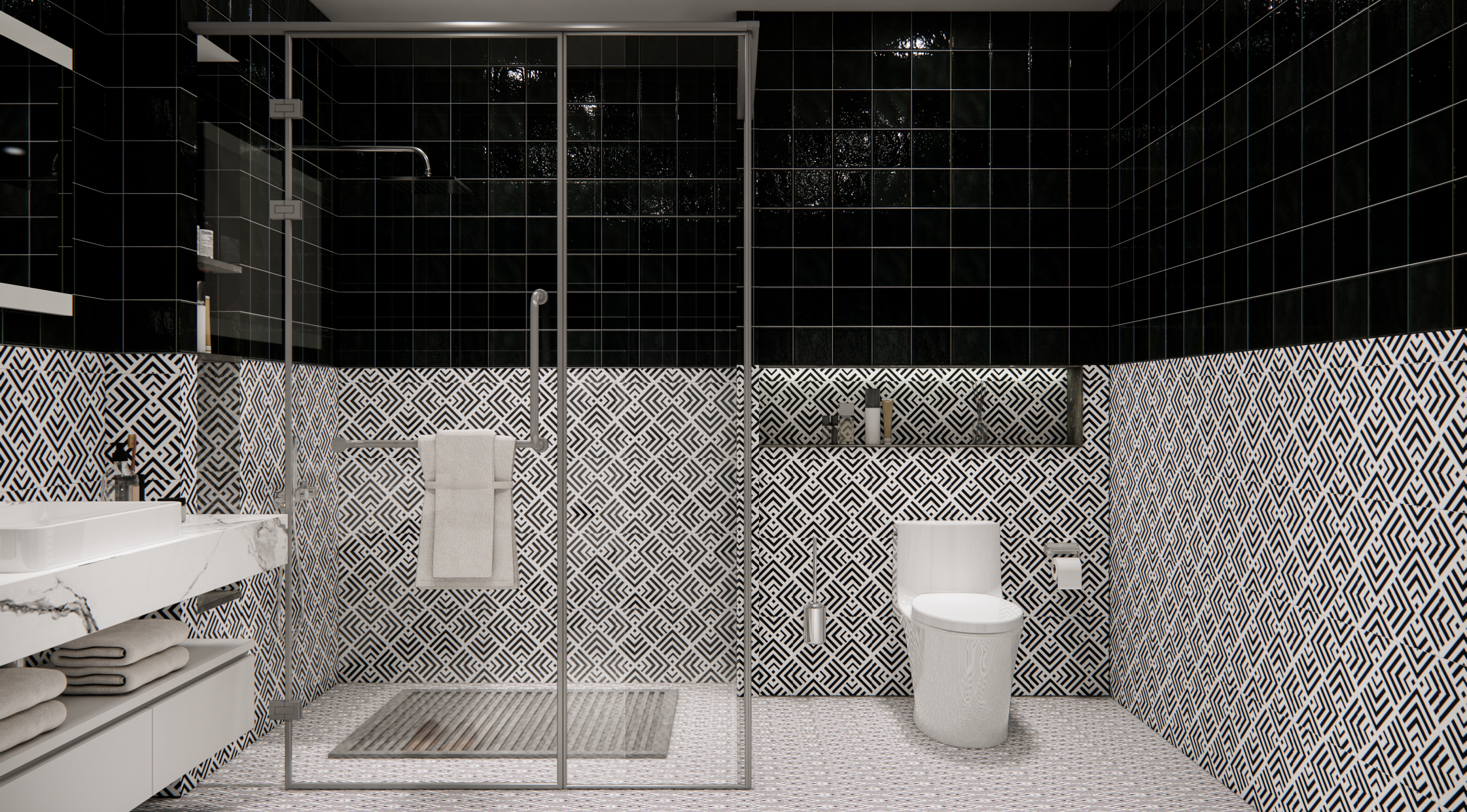 Modern Monochrome Bathroom with Bold Geometric Tiles | Material Depot