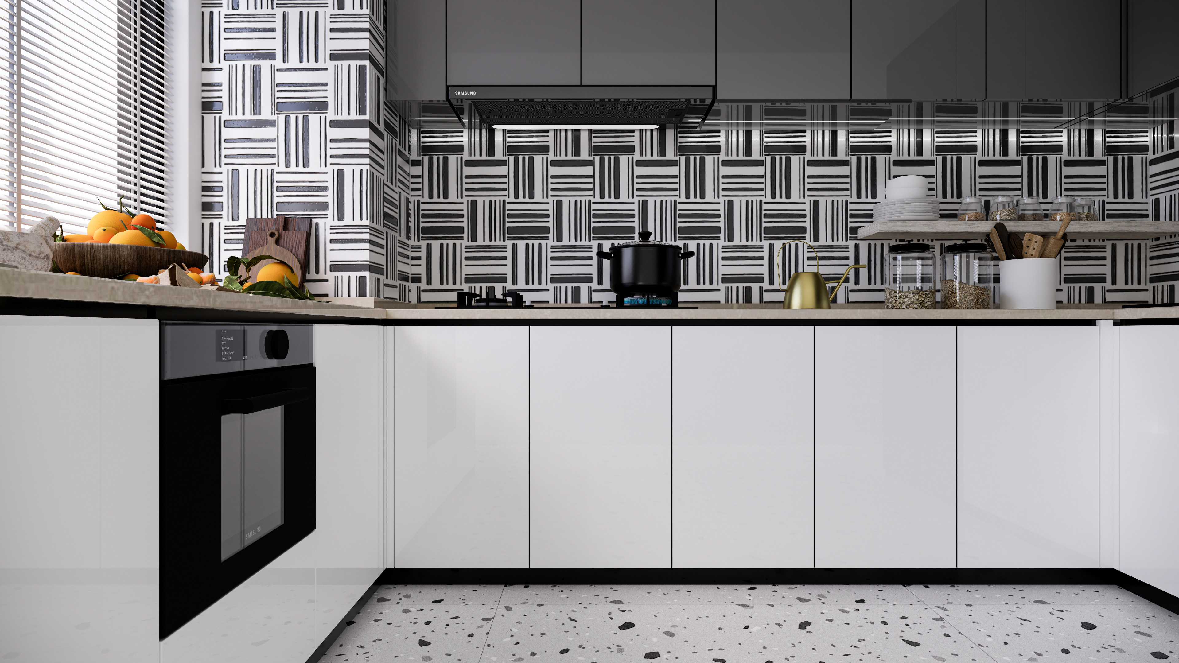 Modern Monochrome Kitchen with Bold Moroccan Backsplash | Material Depot