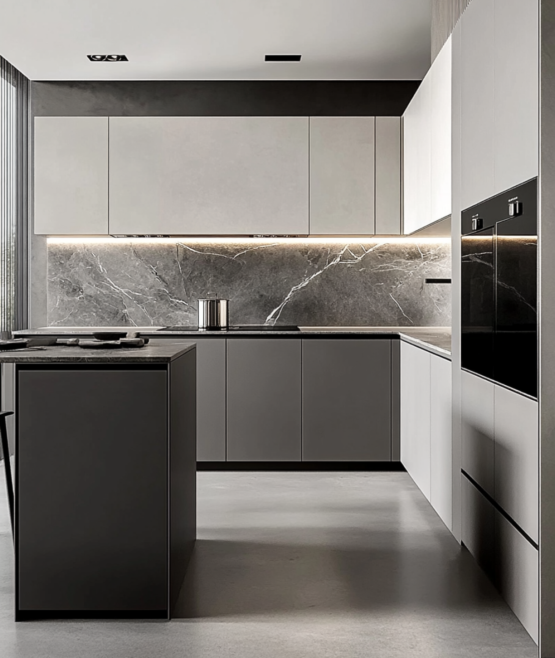 Modern Monochrome Kitchen with Marble Backsplash and Clean Lines | Material Depot