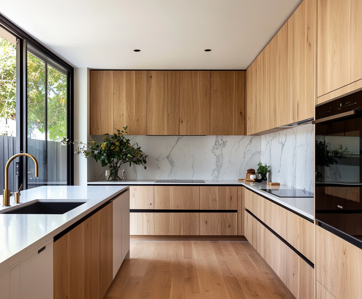 Modern Natural Wood Kitchen with White Accents and Marble Backsplash | Material Depot