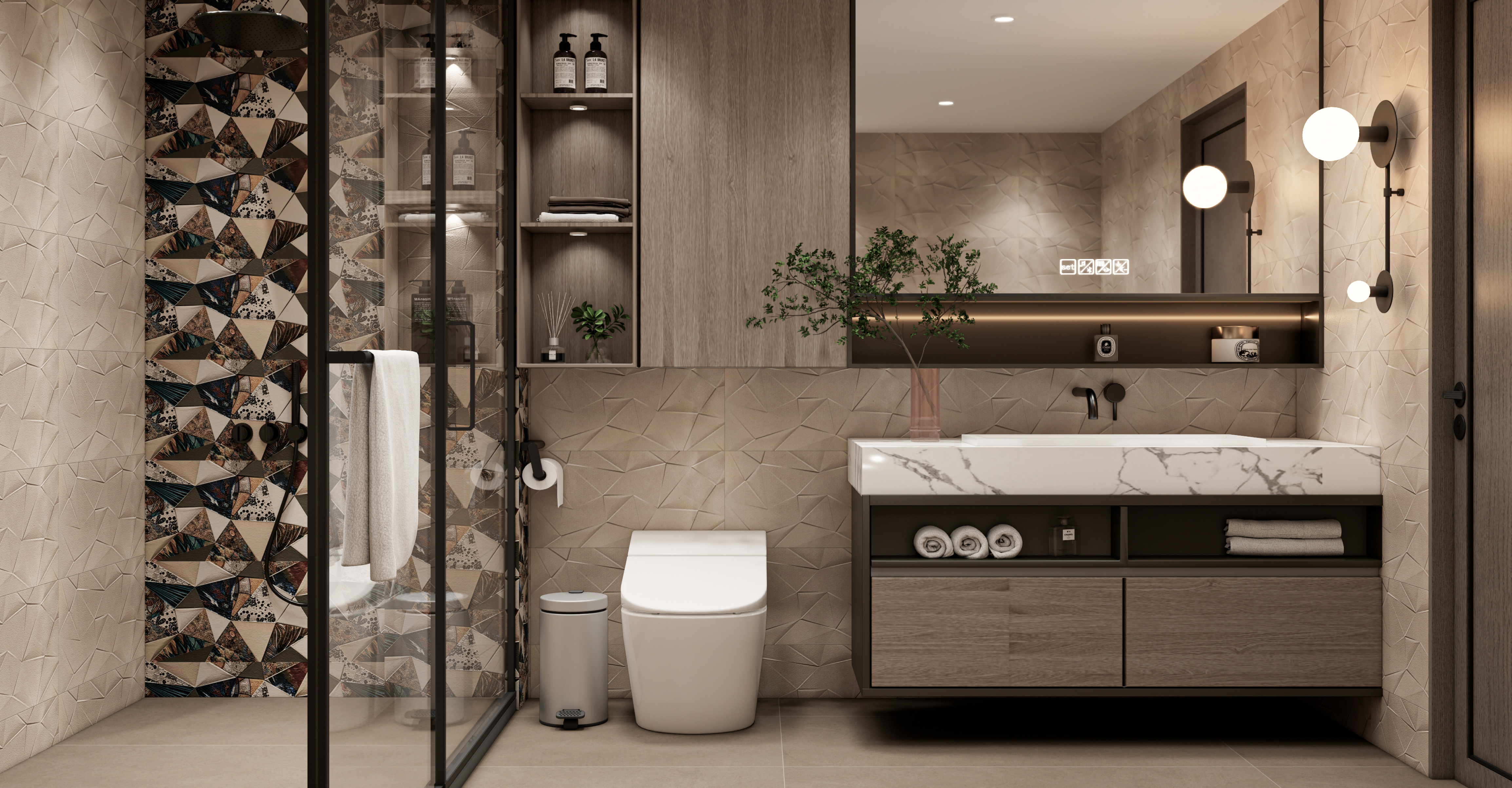 Modern Neutral Bathroom with Artistic Feature Wall | Material Depot