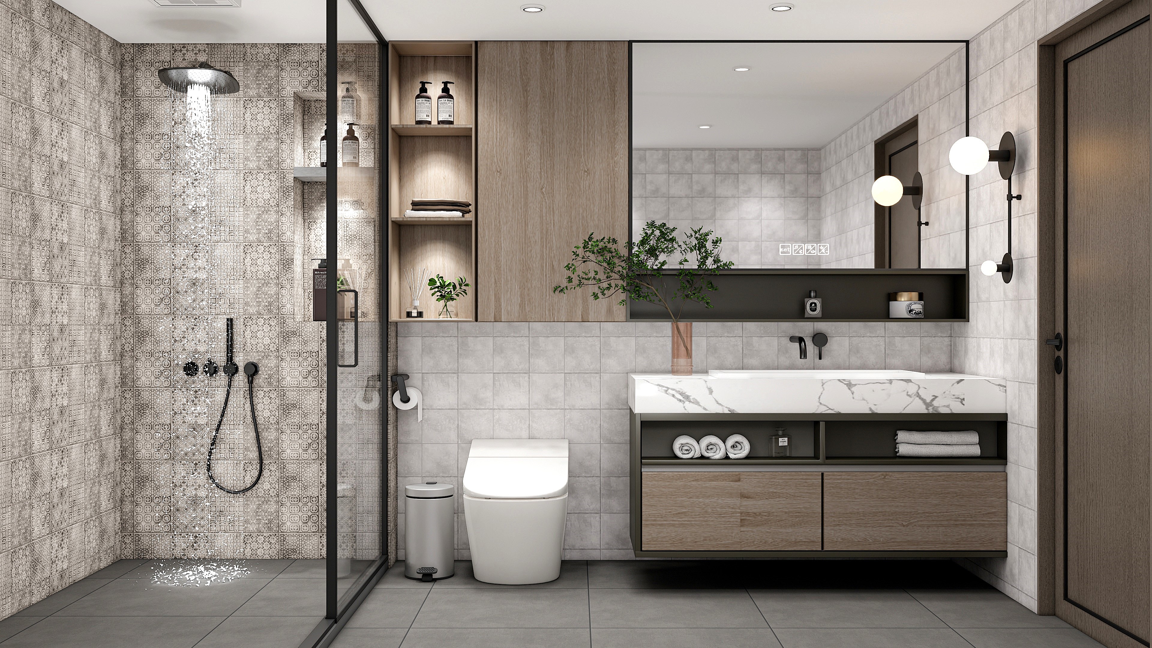 Modern Neutral Bathroom with Patterned and Plain Tiles | Material Depot