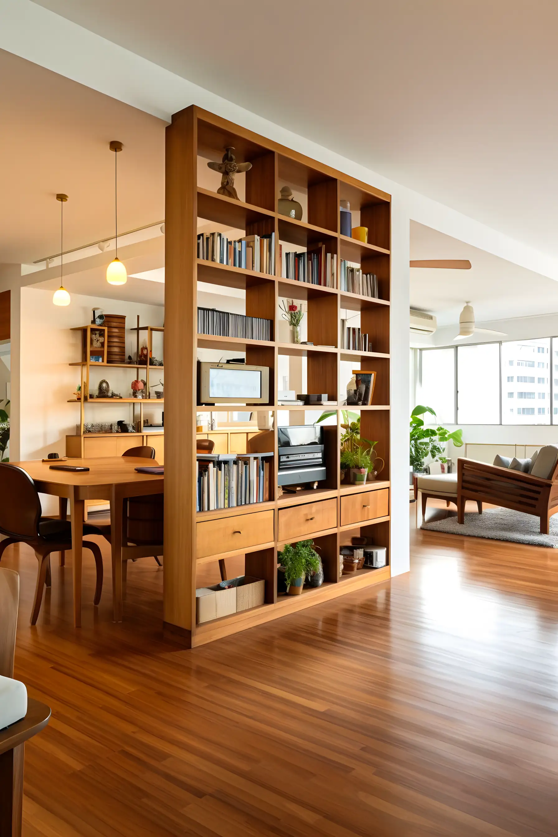 Modern Open Living with Warm Wood Shelving | Material Depot